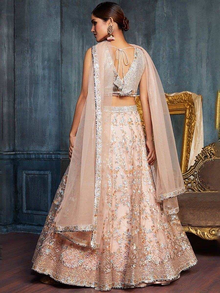 Peach Sequins Net Engagement Lehenga Choli with Dupatta for Ladies
