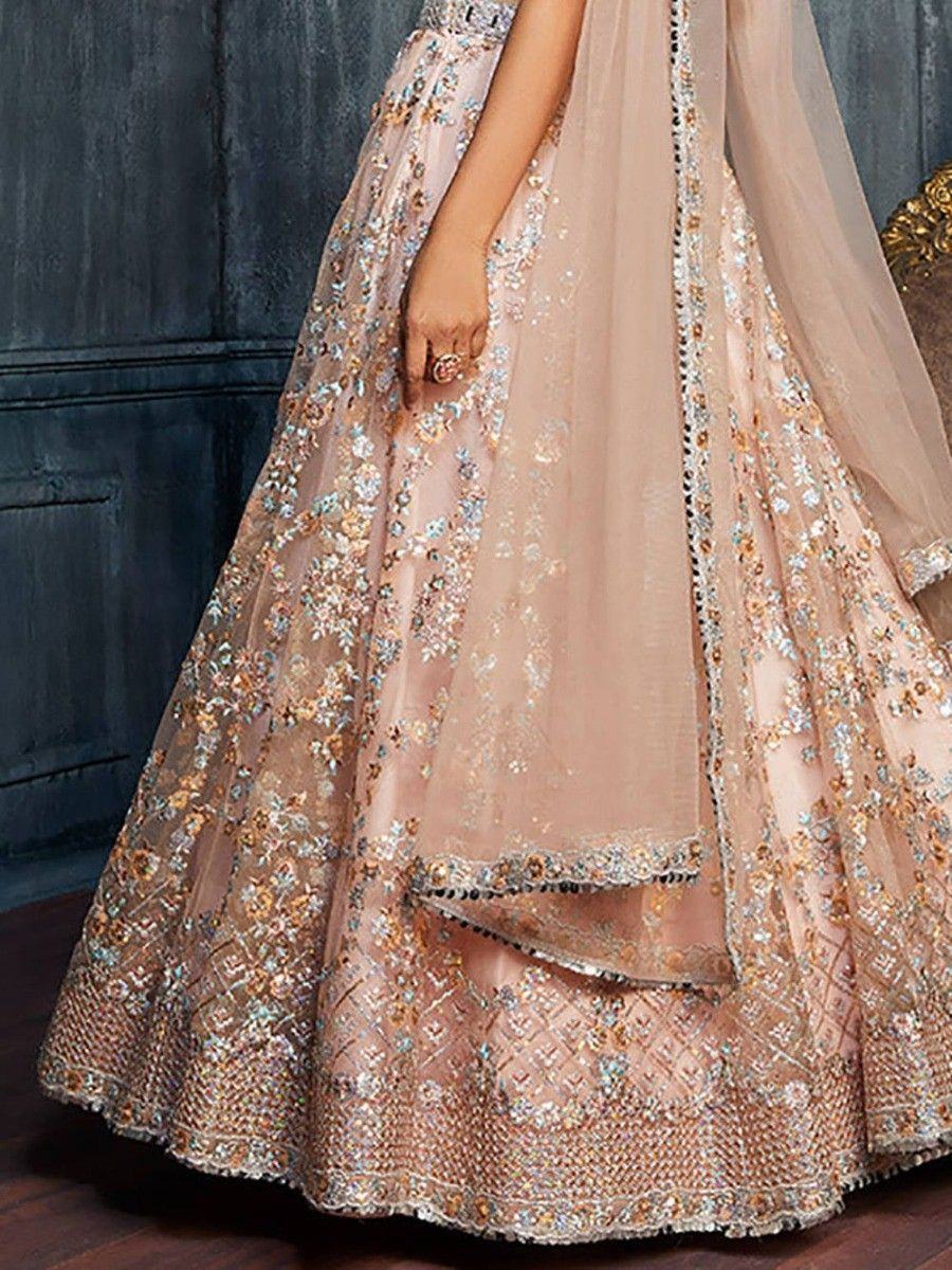 Peach Sequins Net Engagement Lehenga Choli with Dupatta for Ladies