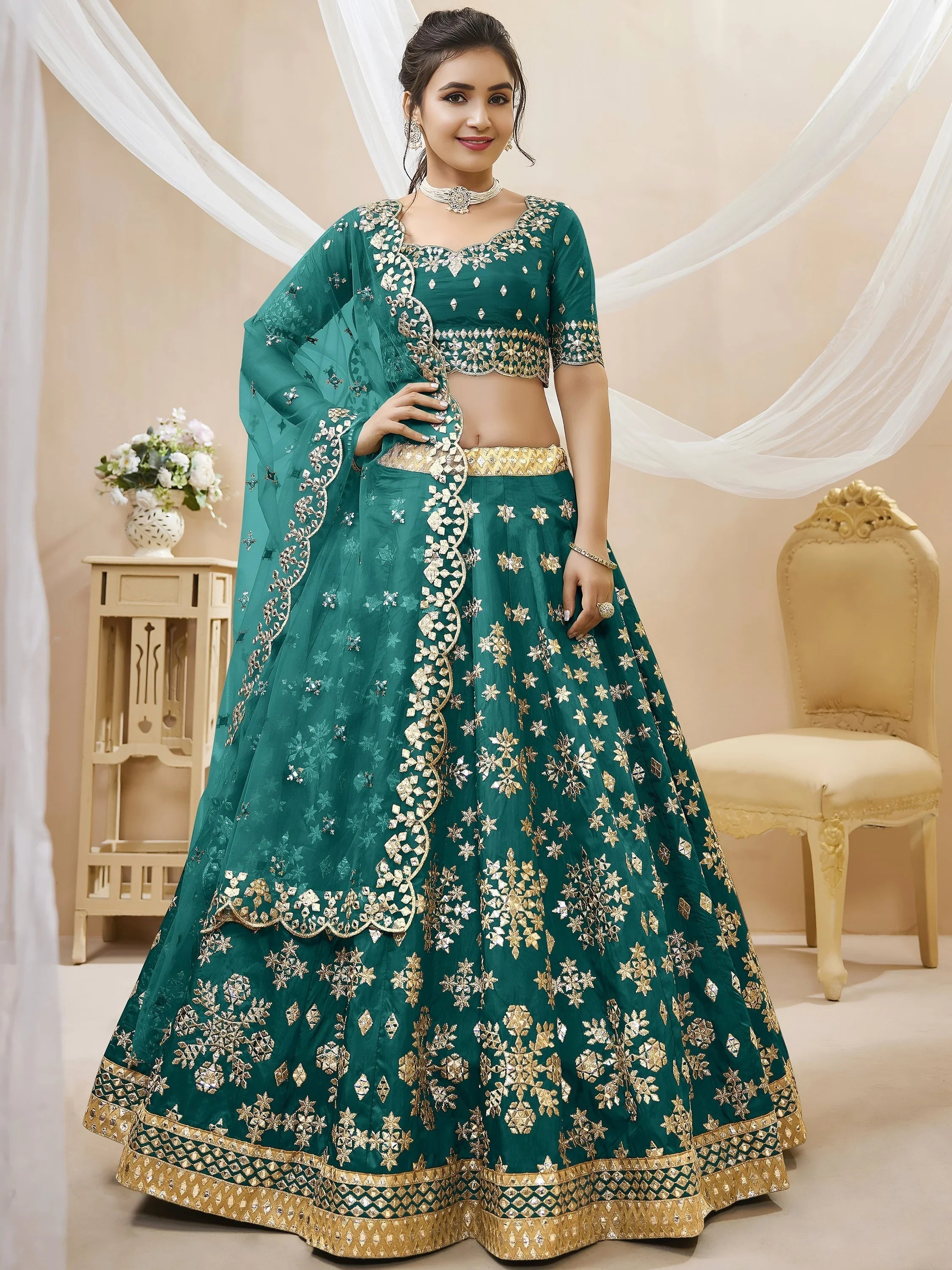 Teal Green Zari Work Art Silk Bridesmaid Lehenga Choli for Women