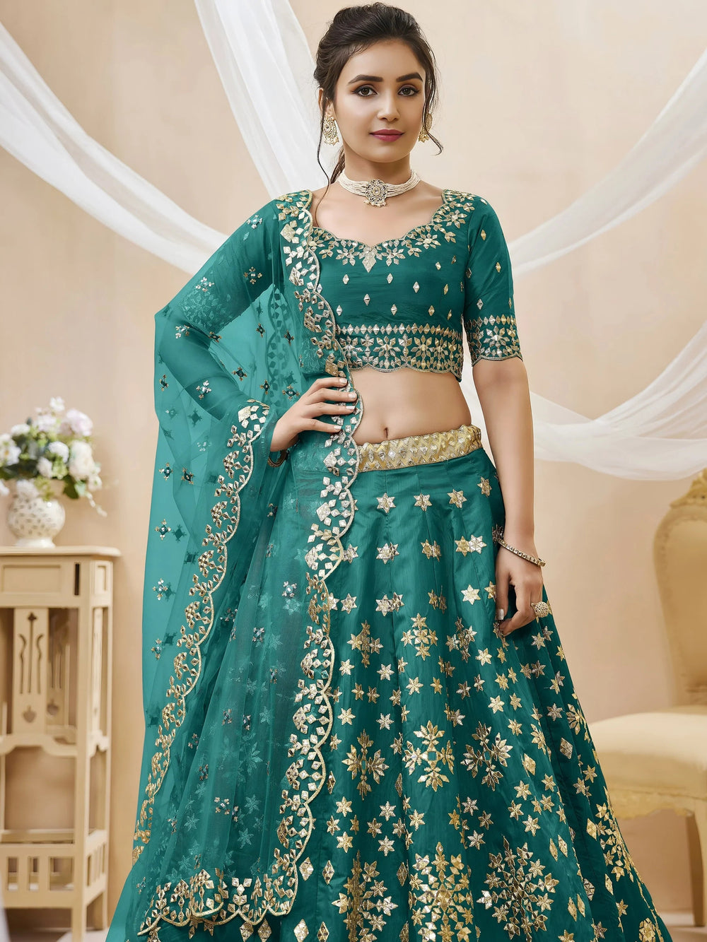 Teal Green Zari Work Art Silk Bridesmaid Lehenga Choli for Women