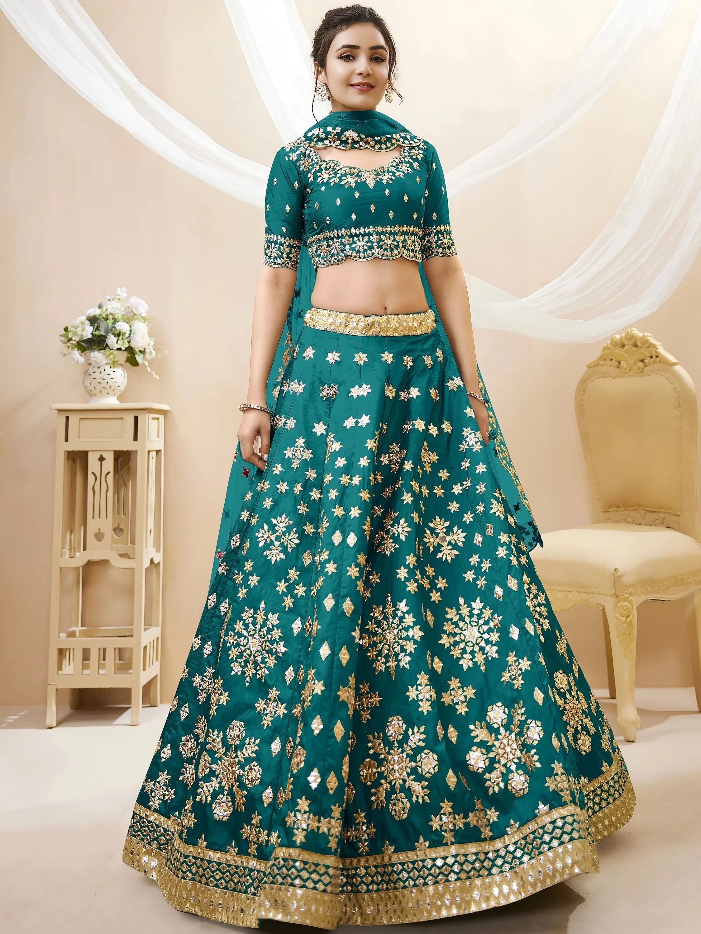 Teal Green Zari Work Art Silk Bridesmaid Lehenga Choli for Women