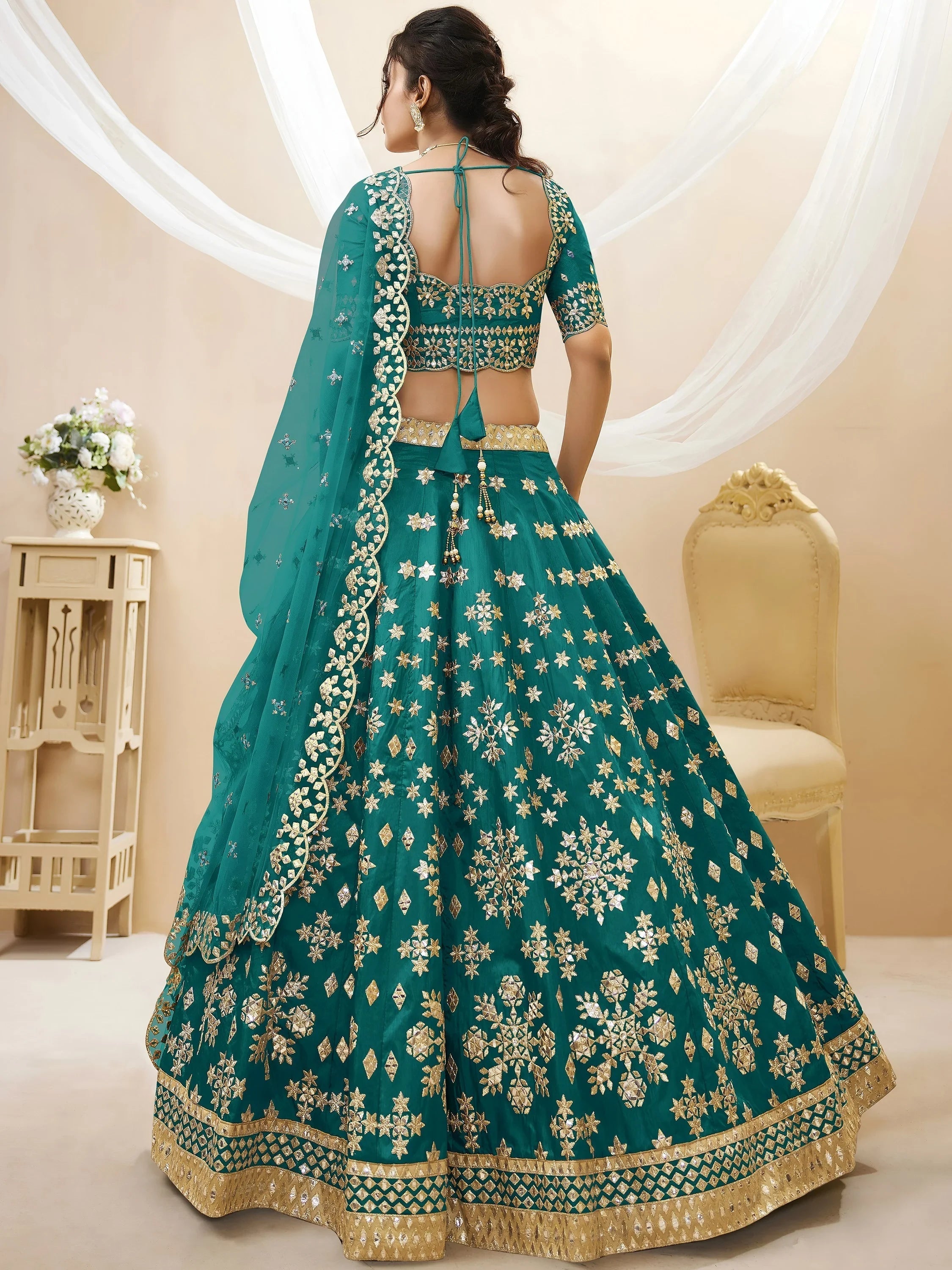 Teal Green Zari Work Art Silk Bridesmaid Lehenga Choli for Women