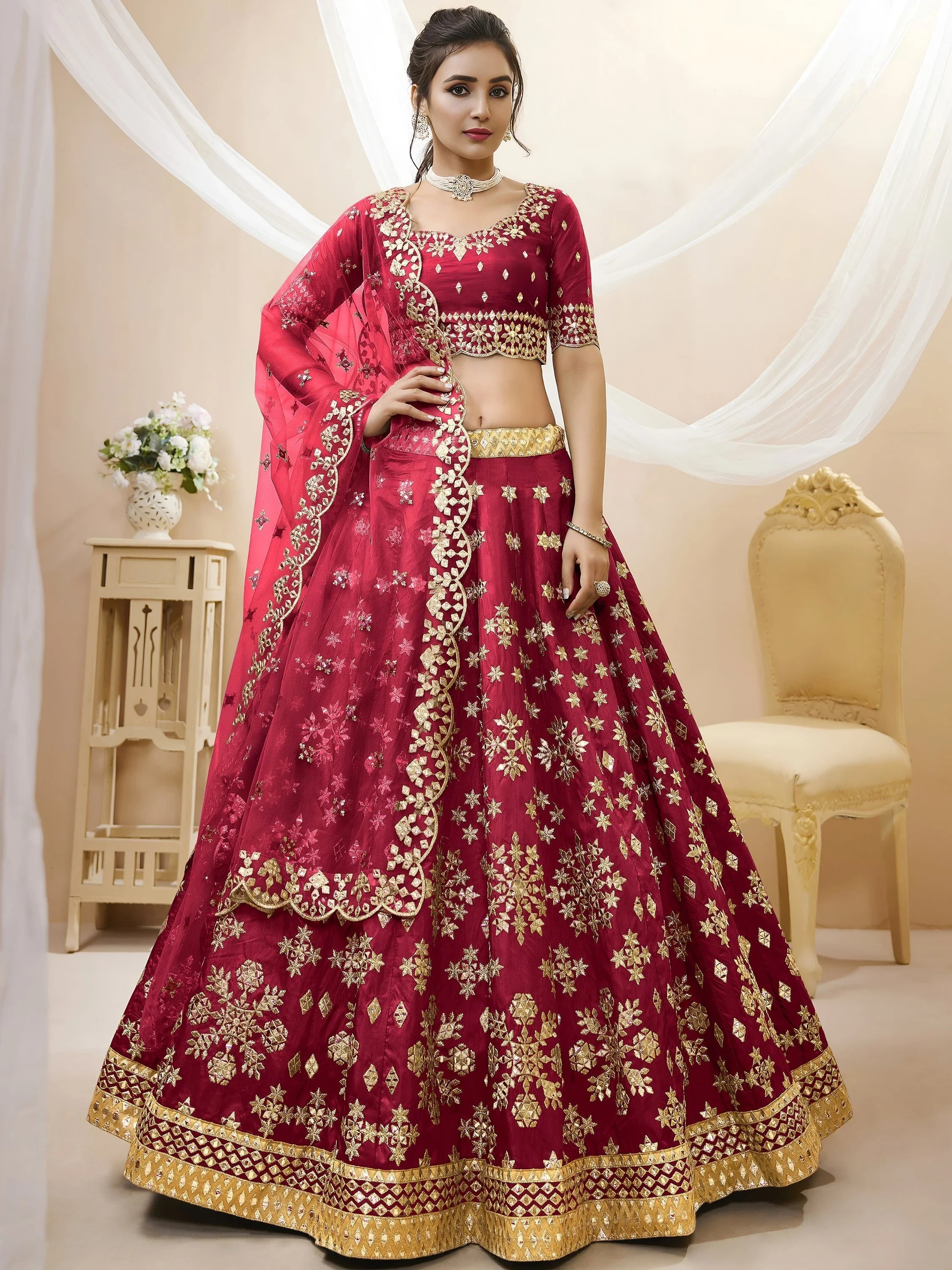 Charismatic Red Zari Work Art Silk Wedding Lehenga Choli for Women