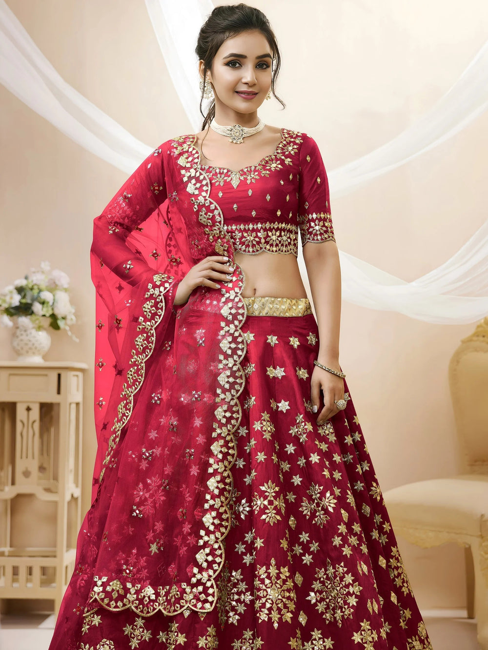 Charismatic Red Zari Work Art Silk Wedding Lehenga Choli for Women