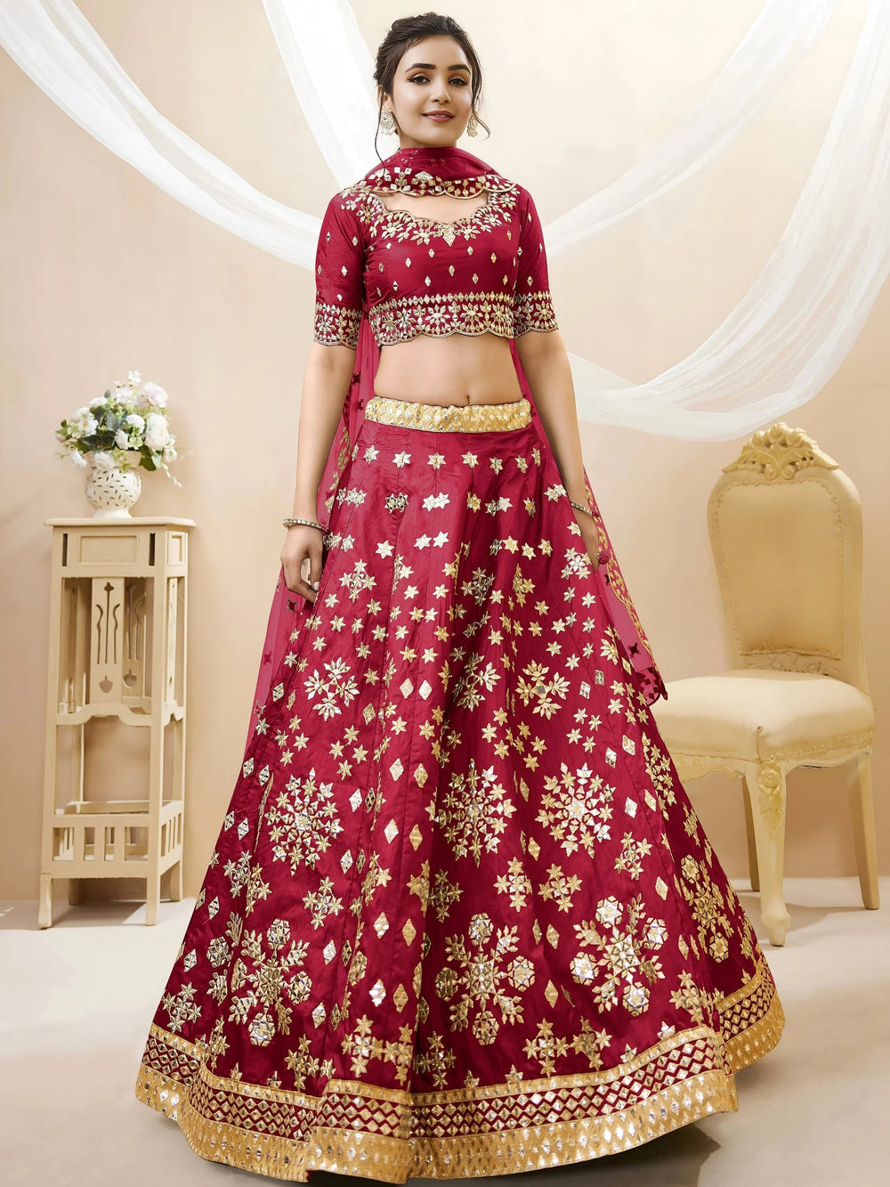Charismatic Red Zari Work Art Silk Wedding Lehenga Choli for Women