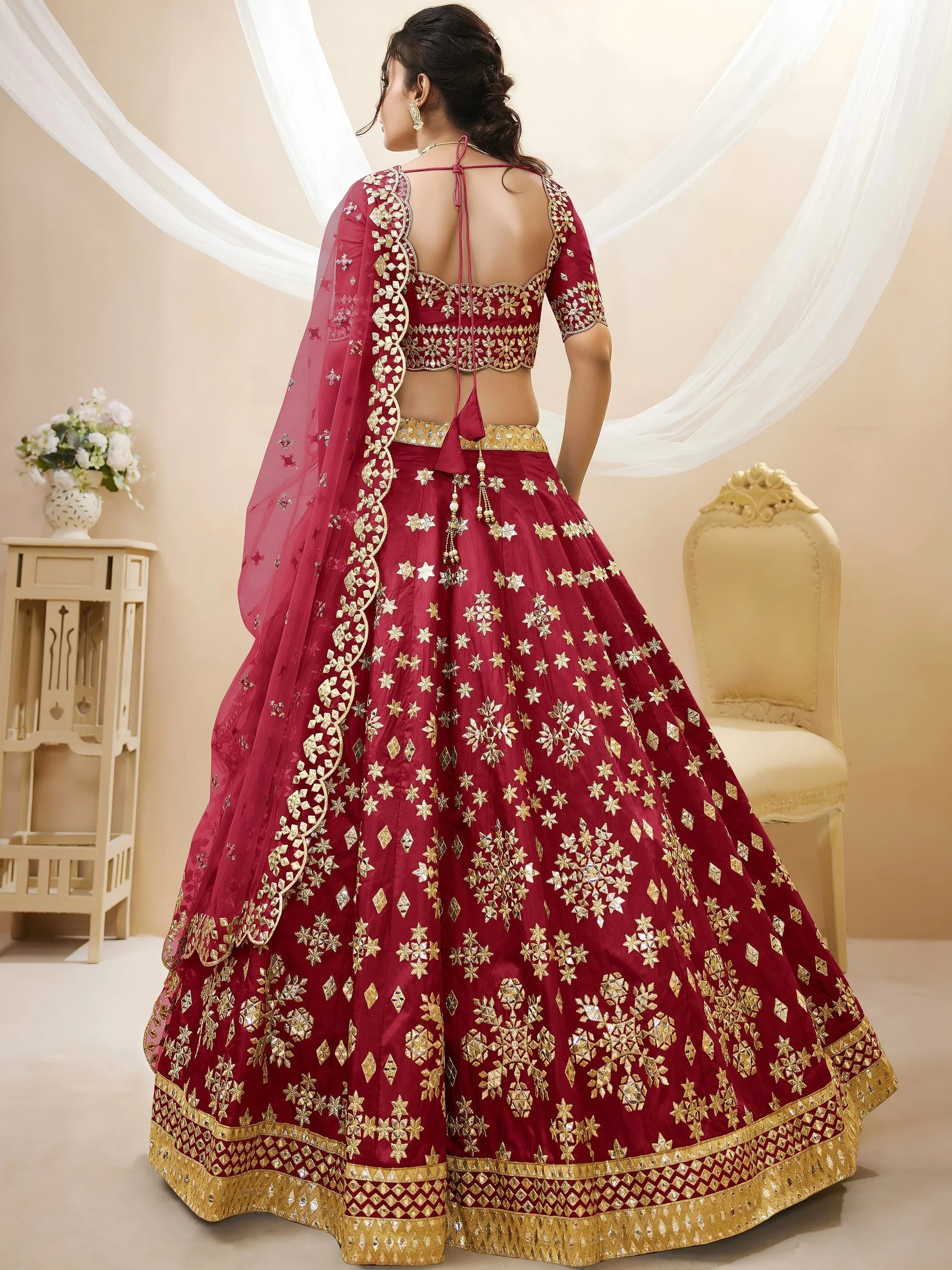 Charismatic Red Zari Work Art Silk Wedding Lehenga Choli for Women