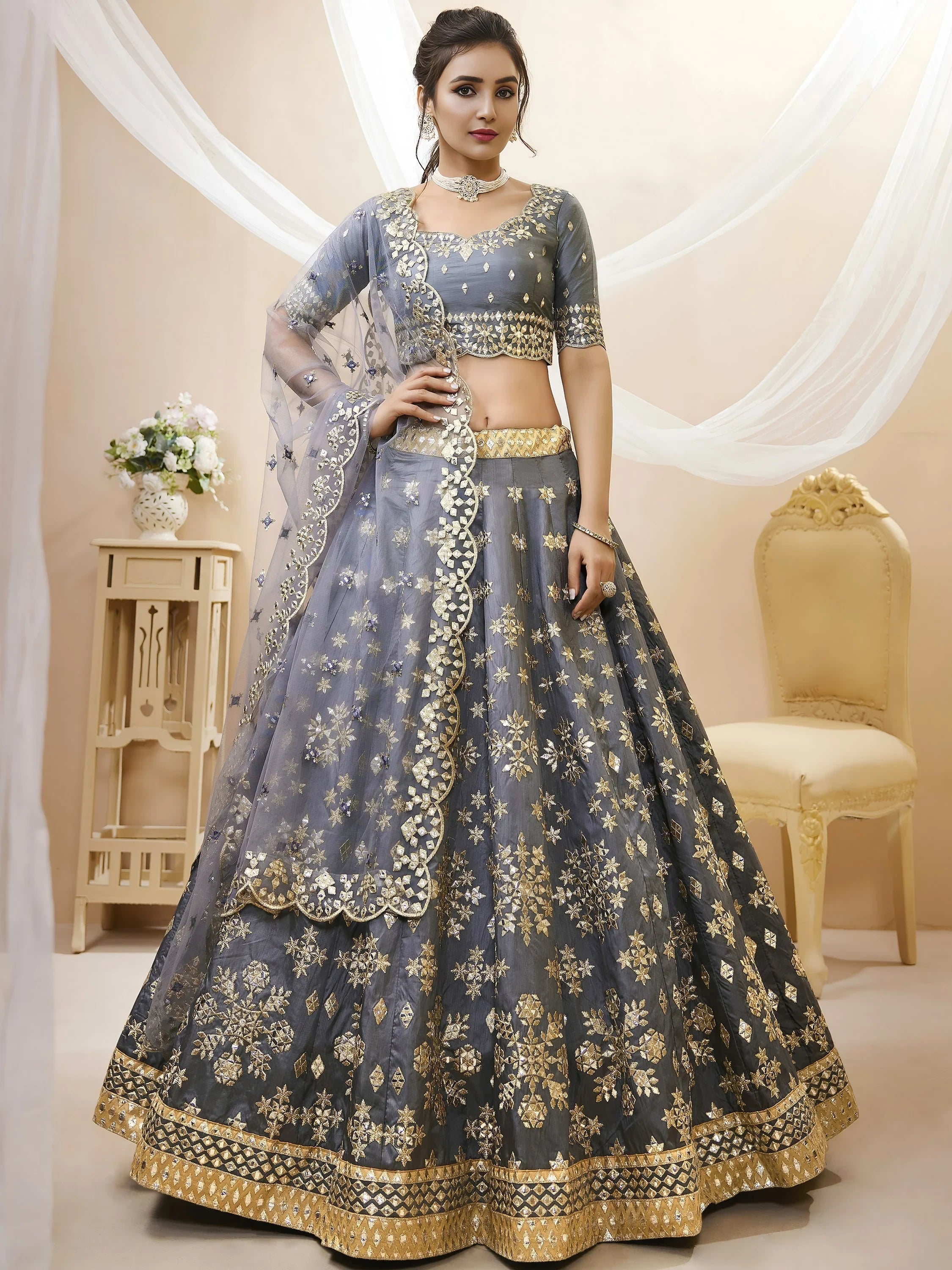 Grey Embroidered Art Silk Engagement Lehenga Choli Festive Collection