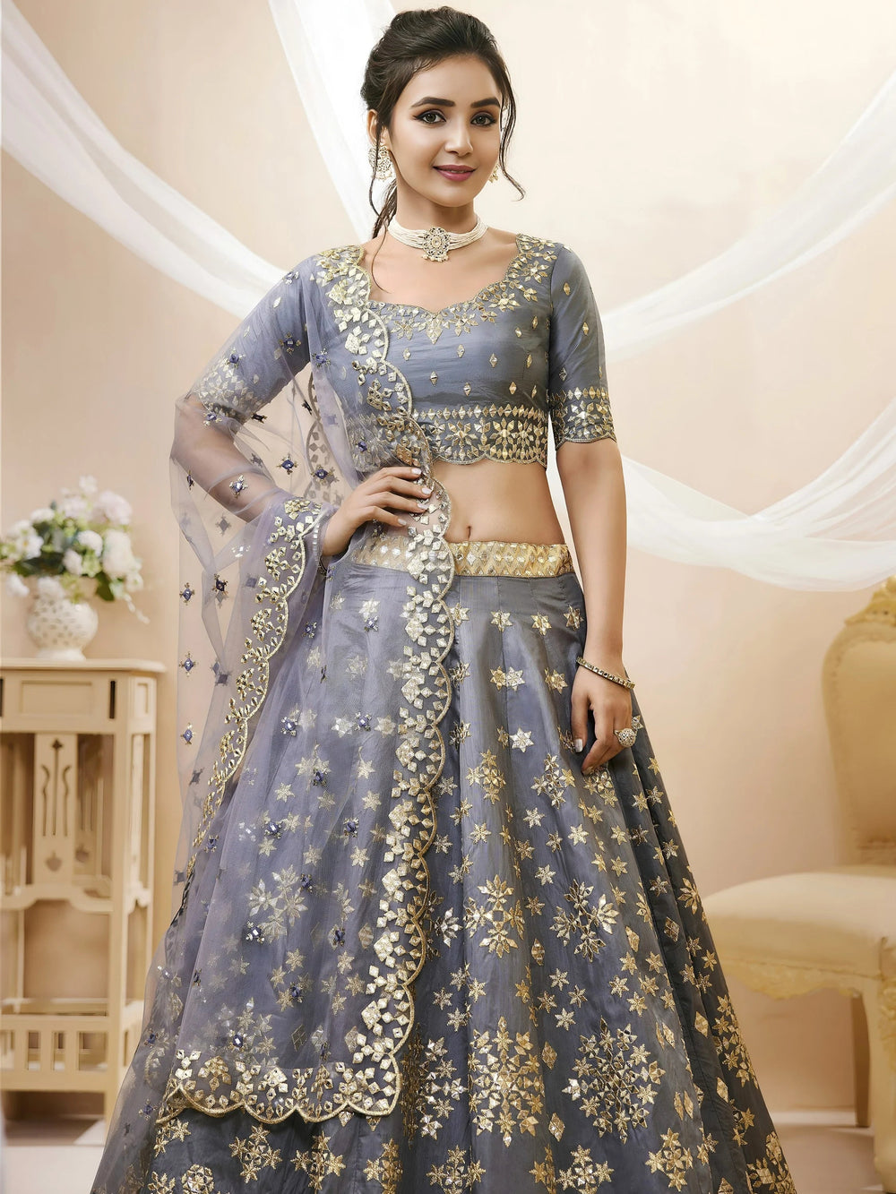 Grey Embroidered Art Silk Engagement Lehenga Choli Festive Collection