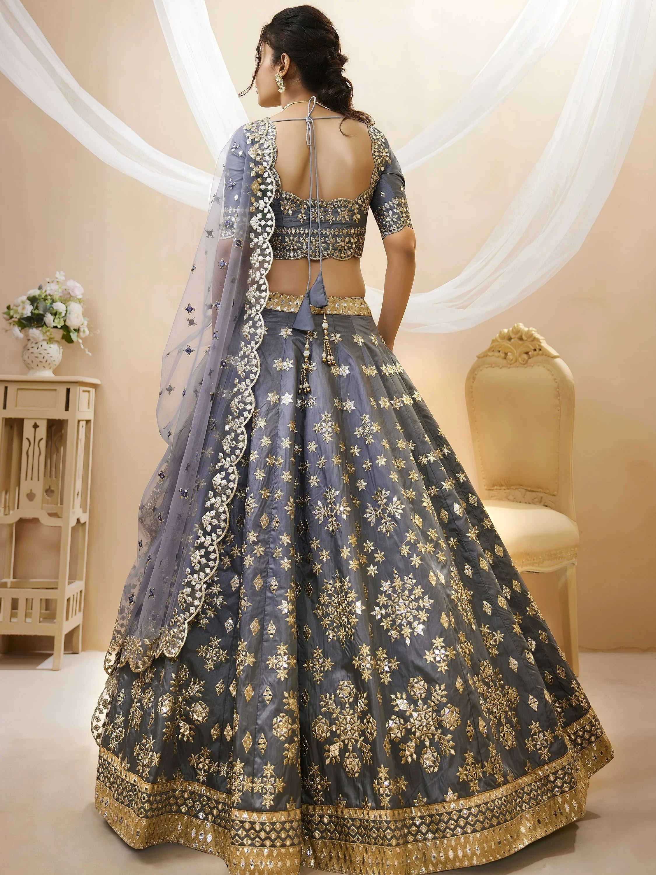 Grey Embroidered Art Silk Engagement Lehenga Choli Festive Collection