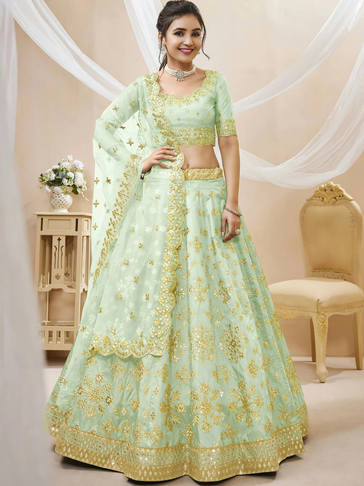 Pista Embroidered Art Silk Reception Lehenga Choli for Ladies