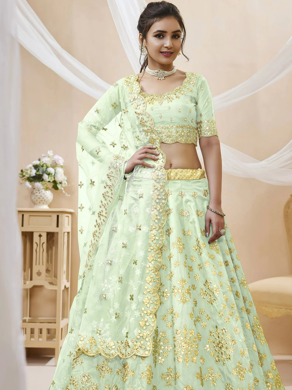 Pista Embroidered Art Silk Reception Lehenga Choli for Ladies