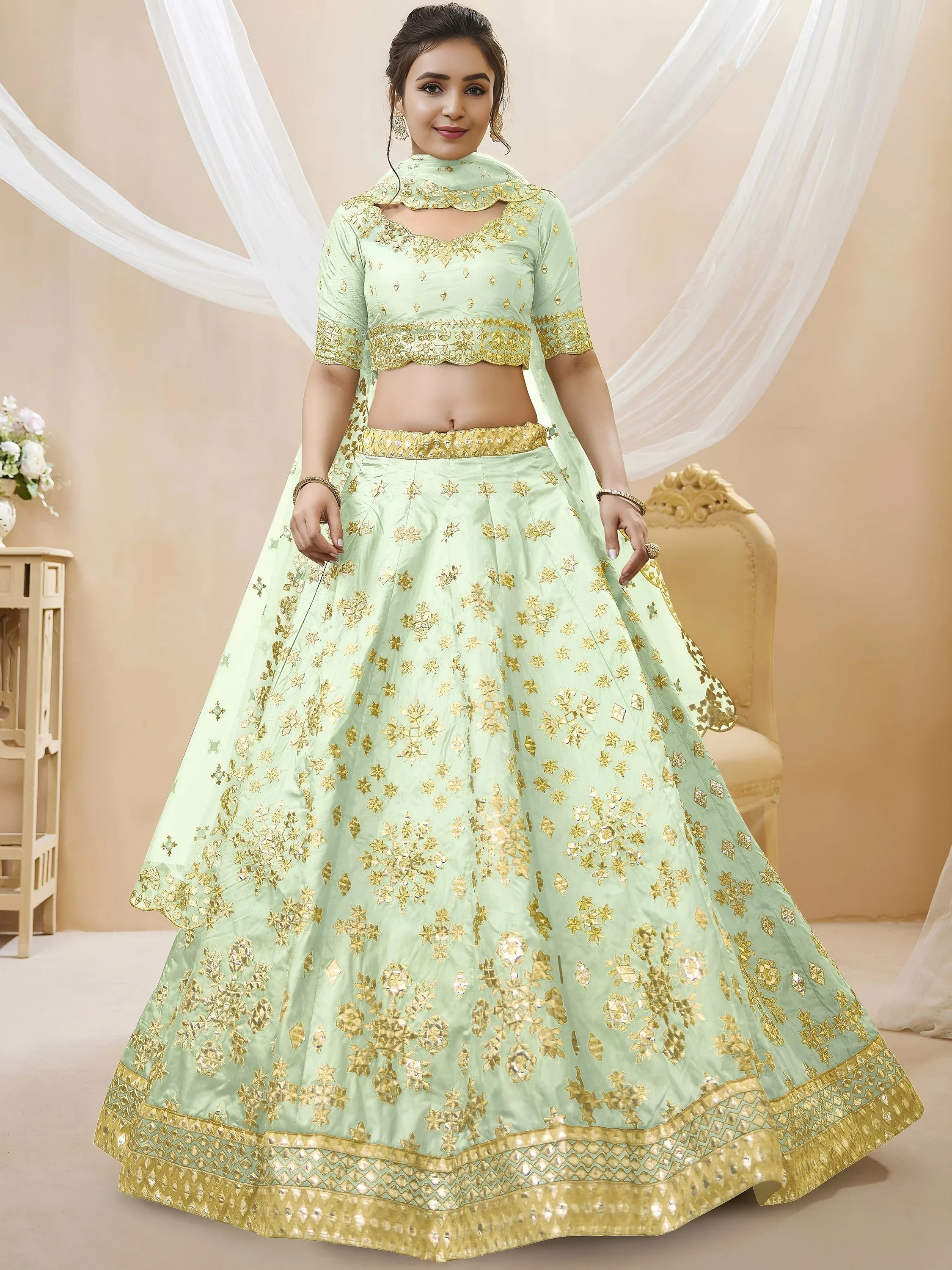 Pista Embroidered Art Silk Reception Lehenga Choli for Ladies