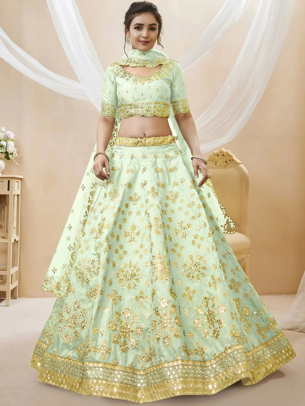 Pista Embroidered Art Silk Reception Lehenga Choli for Ladies