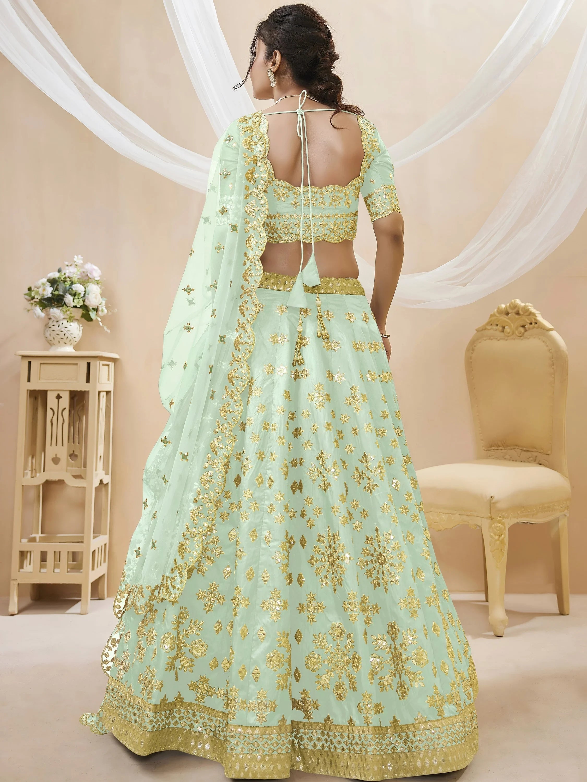 Pista Embroidered Art Silk Reception Lehenga Choli for Ladies