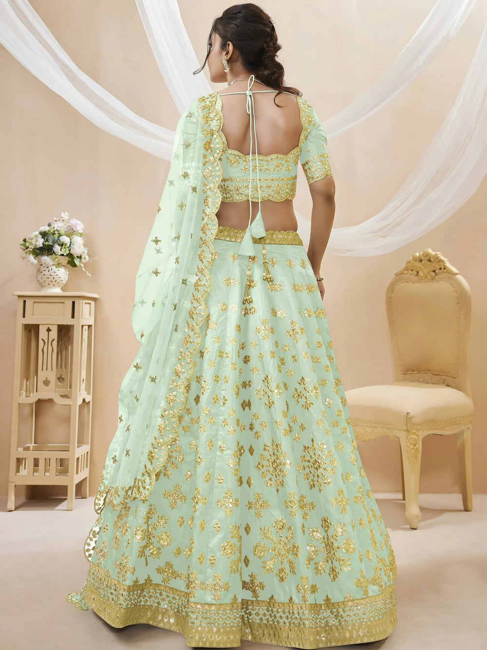 Pista Embroidered Art Silk Reception Lehenga Choli for Ladies