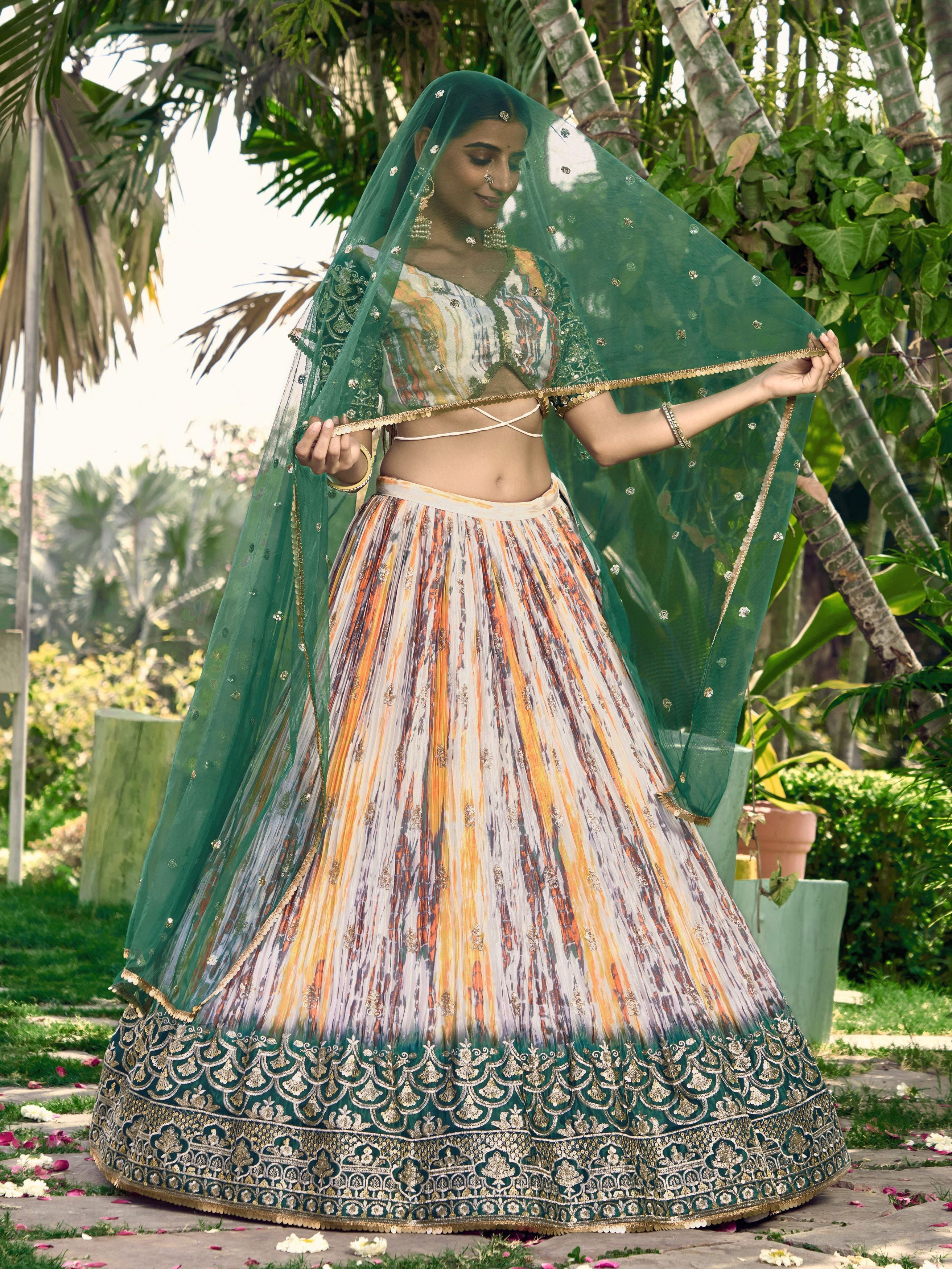 White Chinon Thread Embroidered Festival Wear Lehenga Choli for Women
