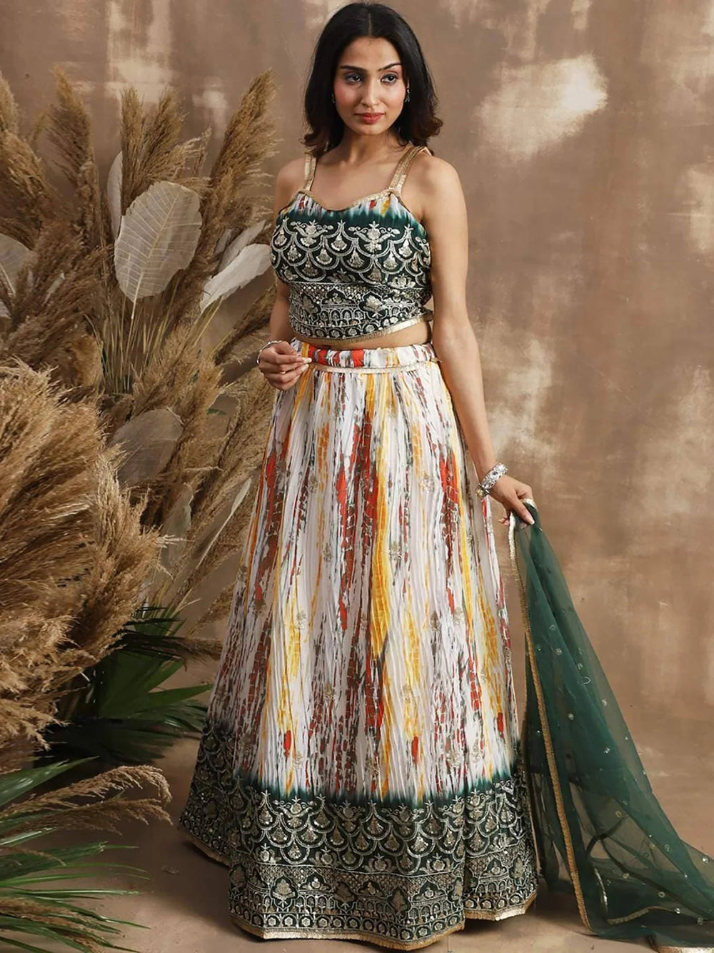 White & Green Sequins Chinon Festival Lehenga Choli Indian Ethnic Wear