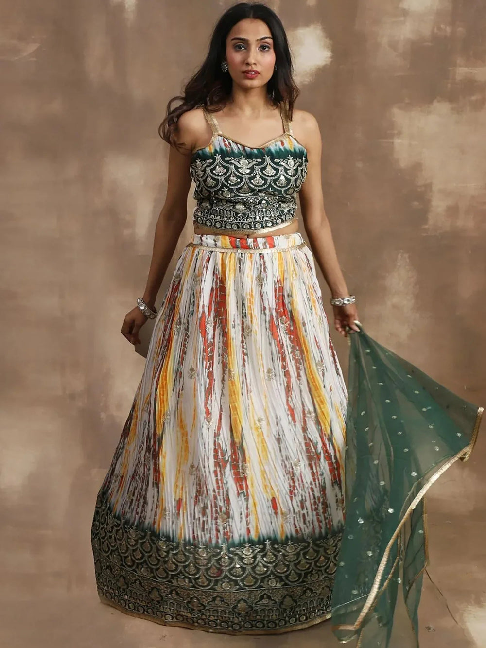 White & Green Sequins Chinon Festival Lehenga Choli Indian Ethnic Wear