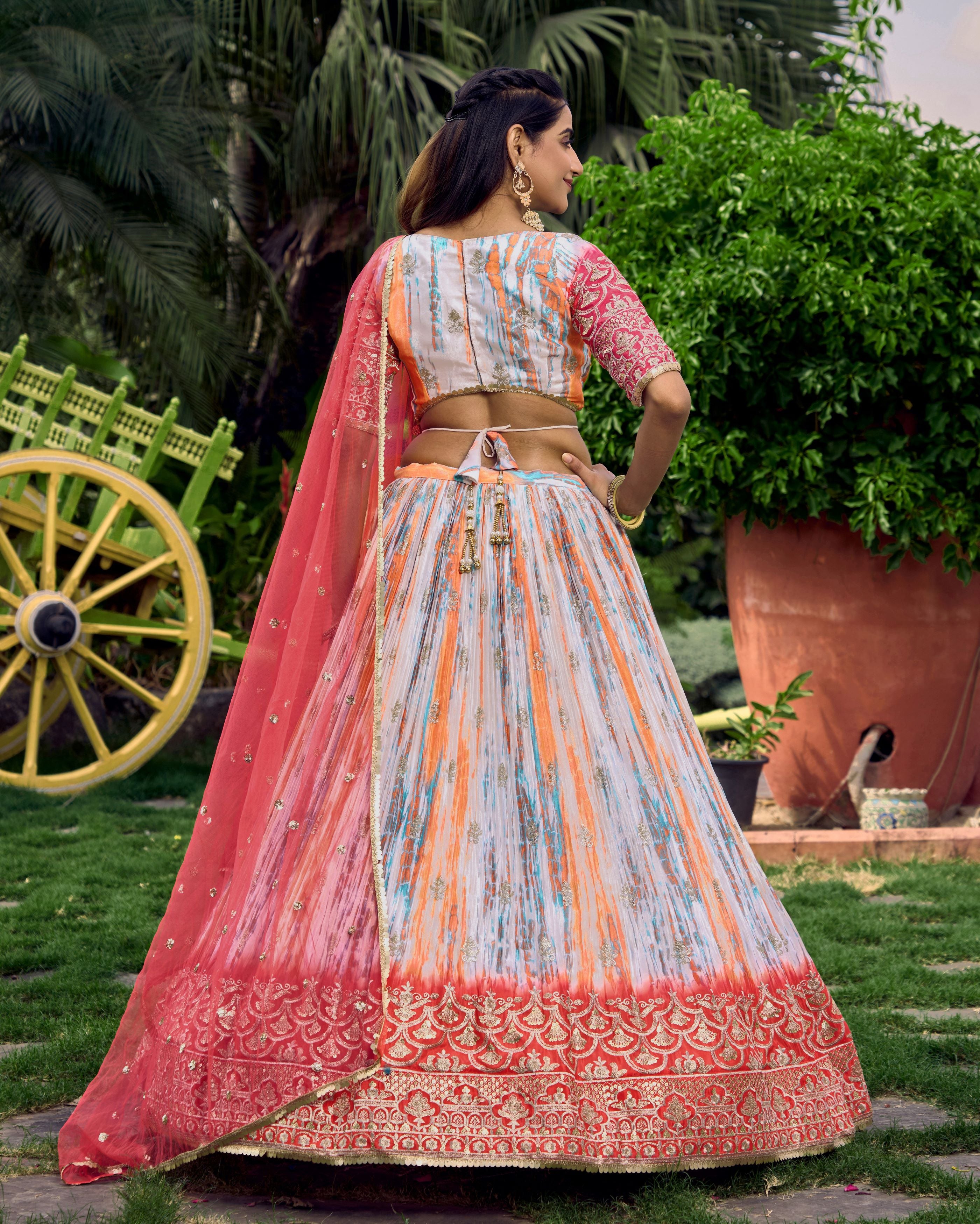 White Chinon Thread Embroidered Festival Wear Lehenga Choli for Women