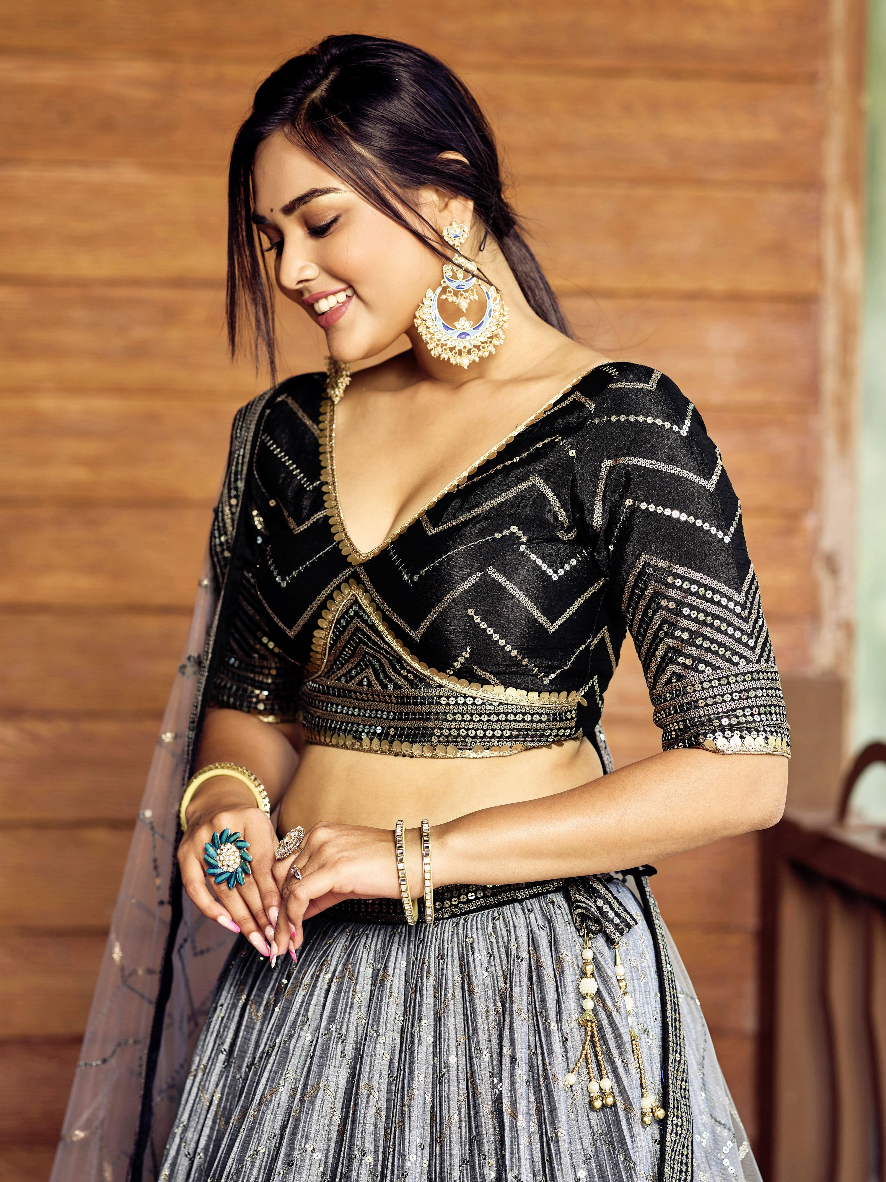 Black Sensational Sequins Chinon Function Lehenga Choli for Ladies