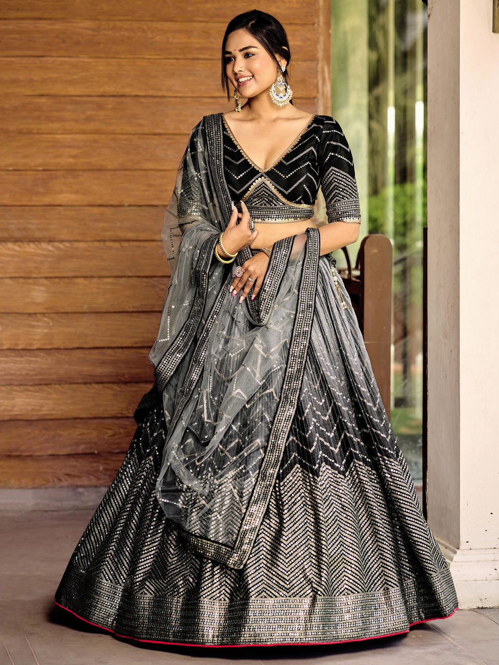 Black Sensational Sequins Chinon Function Lehenga Choli for Ladies