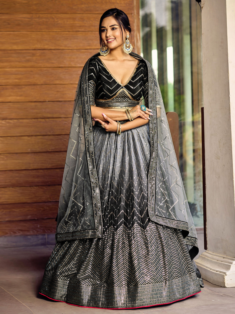 Black Sensational Sequins Chinon Function Lehenga Choli for Ladies