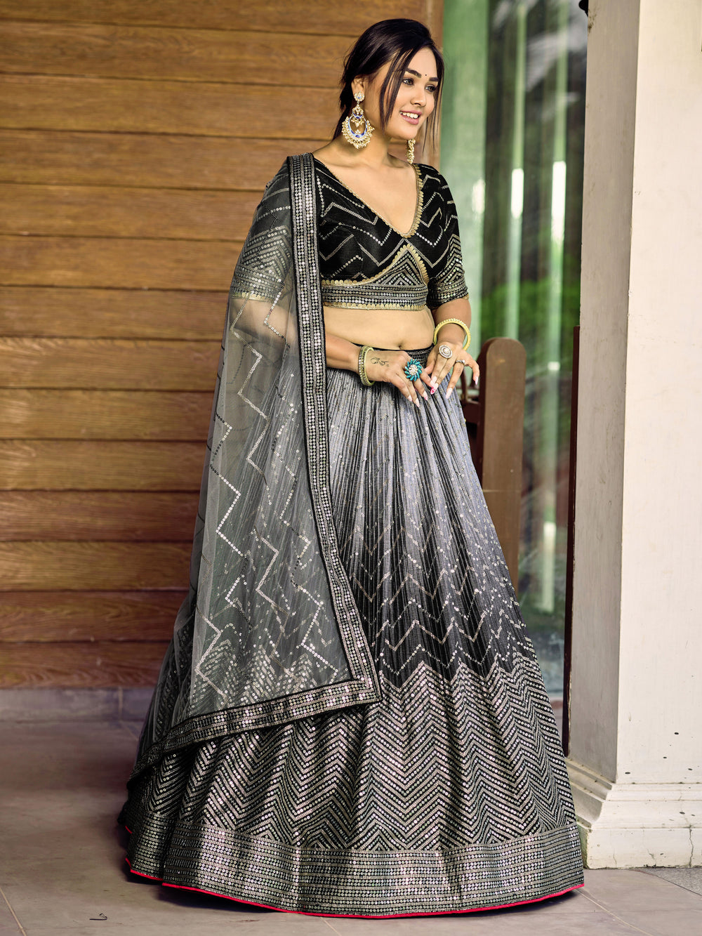 Black Sensational Sequins Chinon Function Lehenga Choli for Ladies