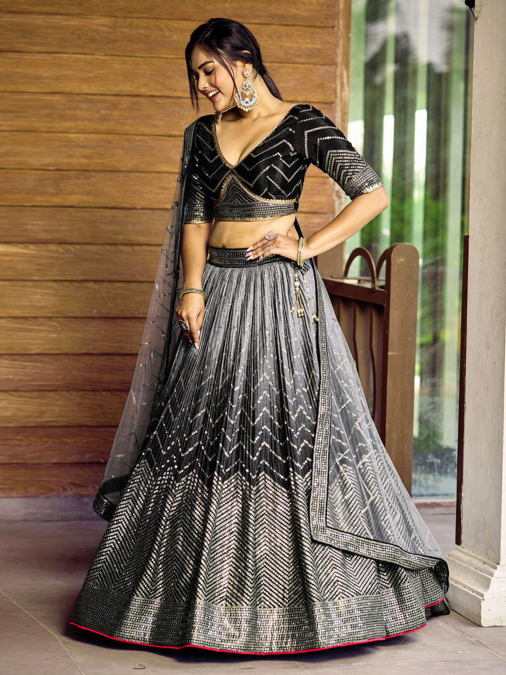 Black Sensational Sequins Chinon Function Lehenga Choli for Ladies