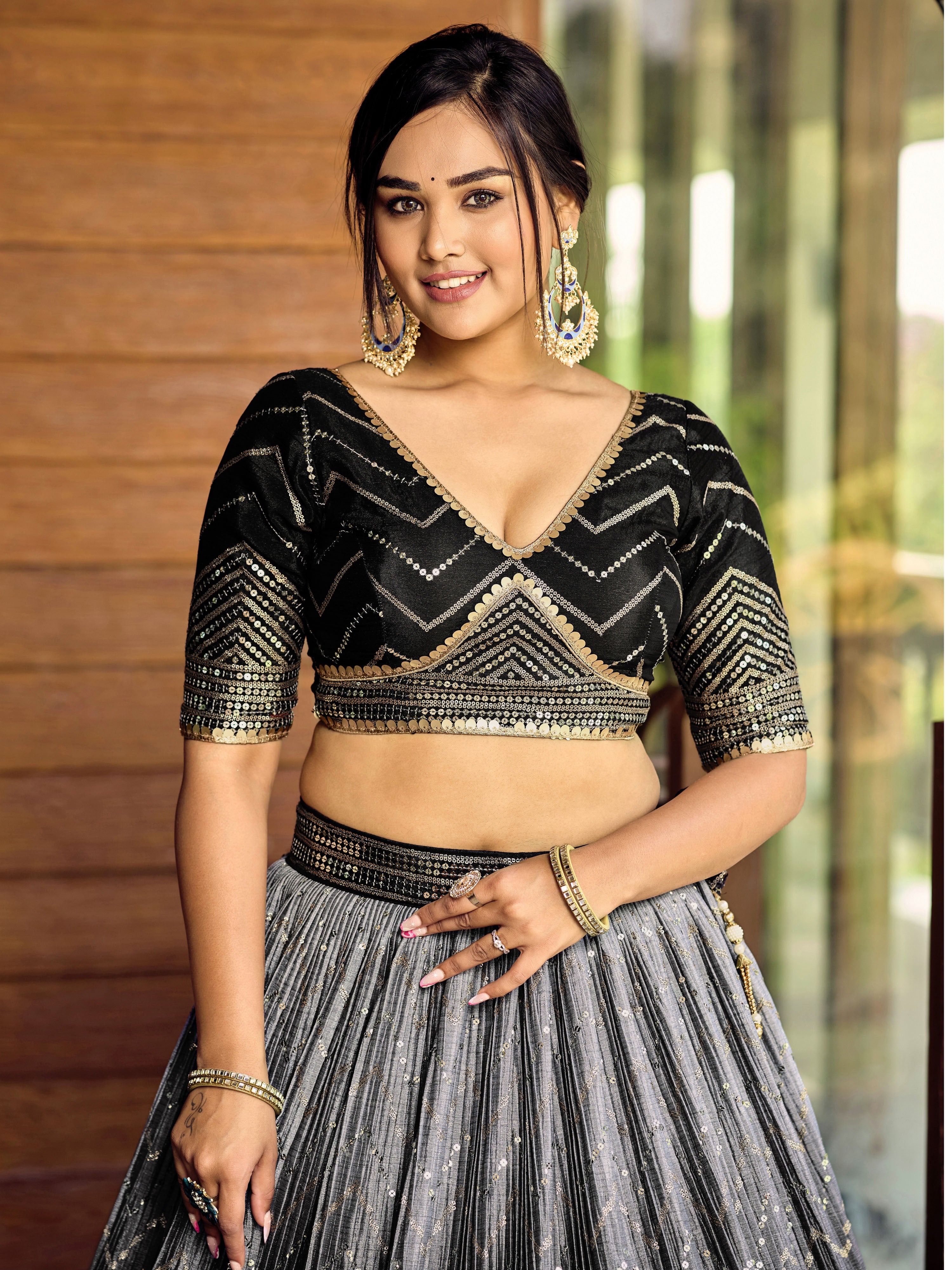 Black Sensational Sequins Chinon Function Lehenga Choli for Ladies