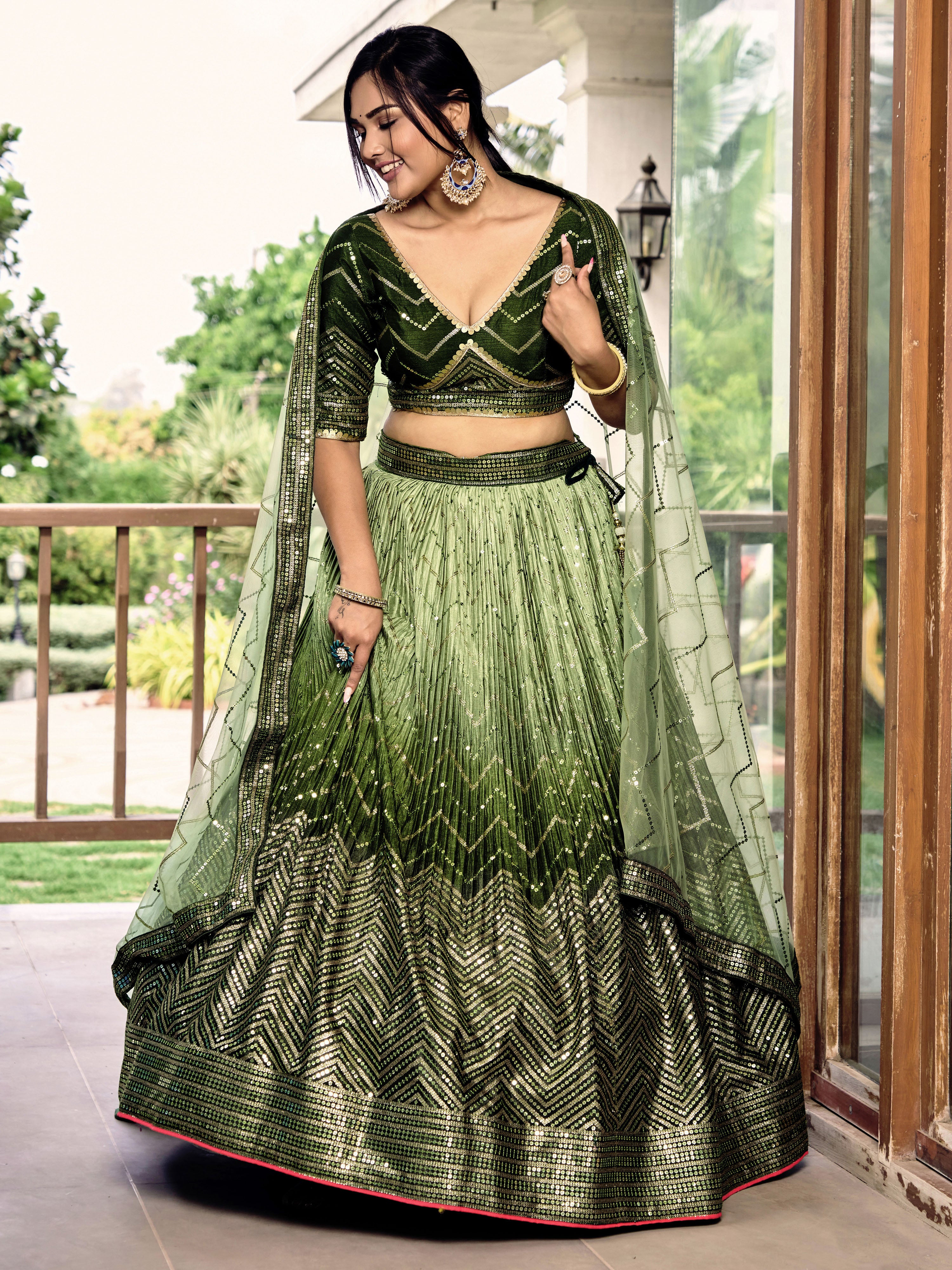 Green Sensational Sequins Chinon Function Lehenga Choli for Ladies