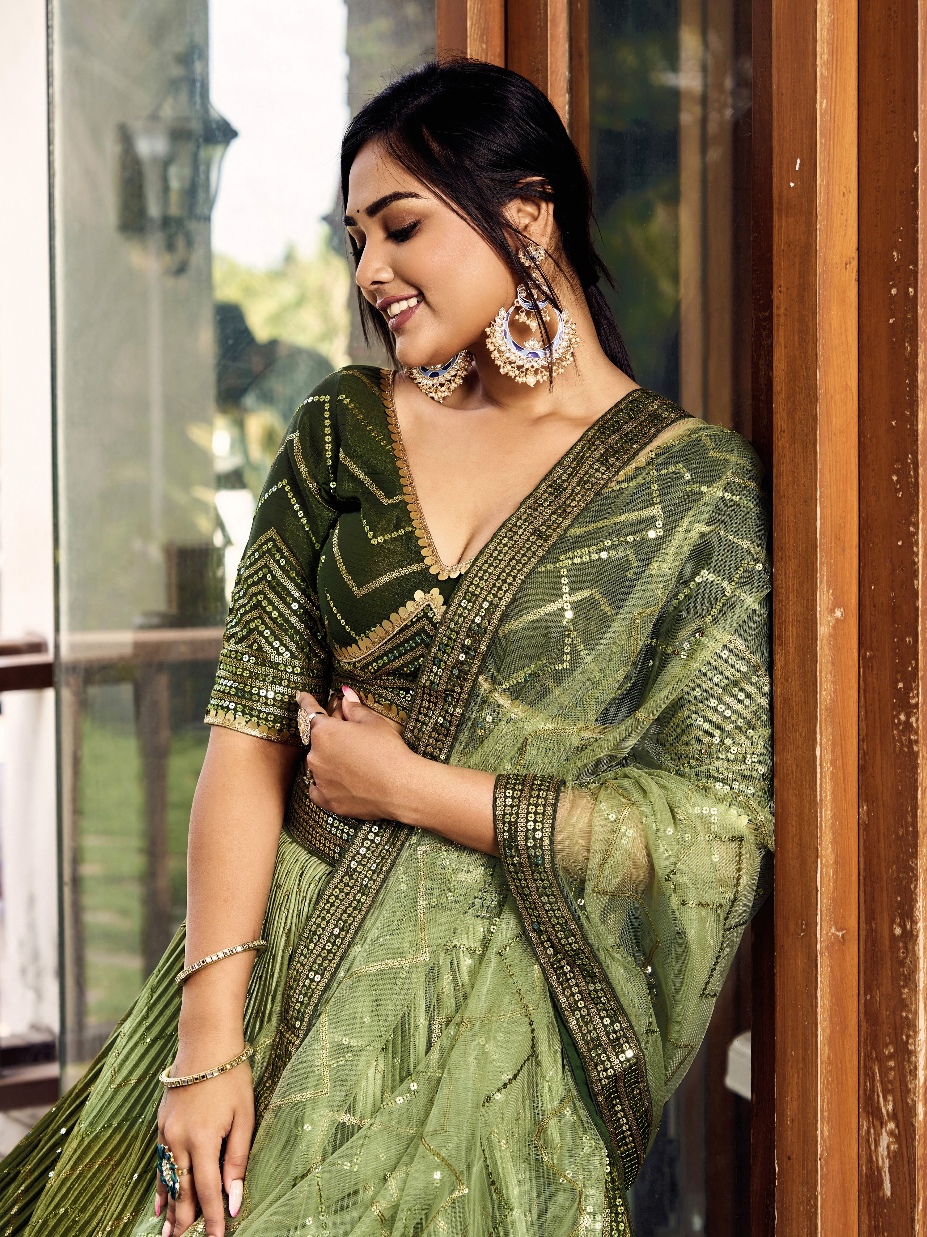Green Sensational Sequins Chinon Function Lehenga Choli for Ladies