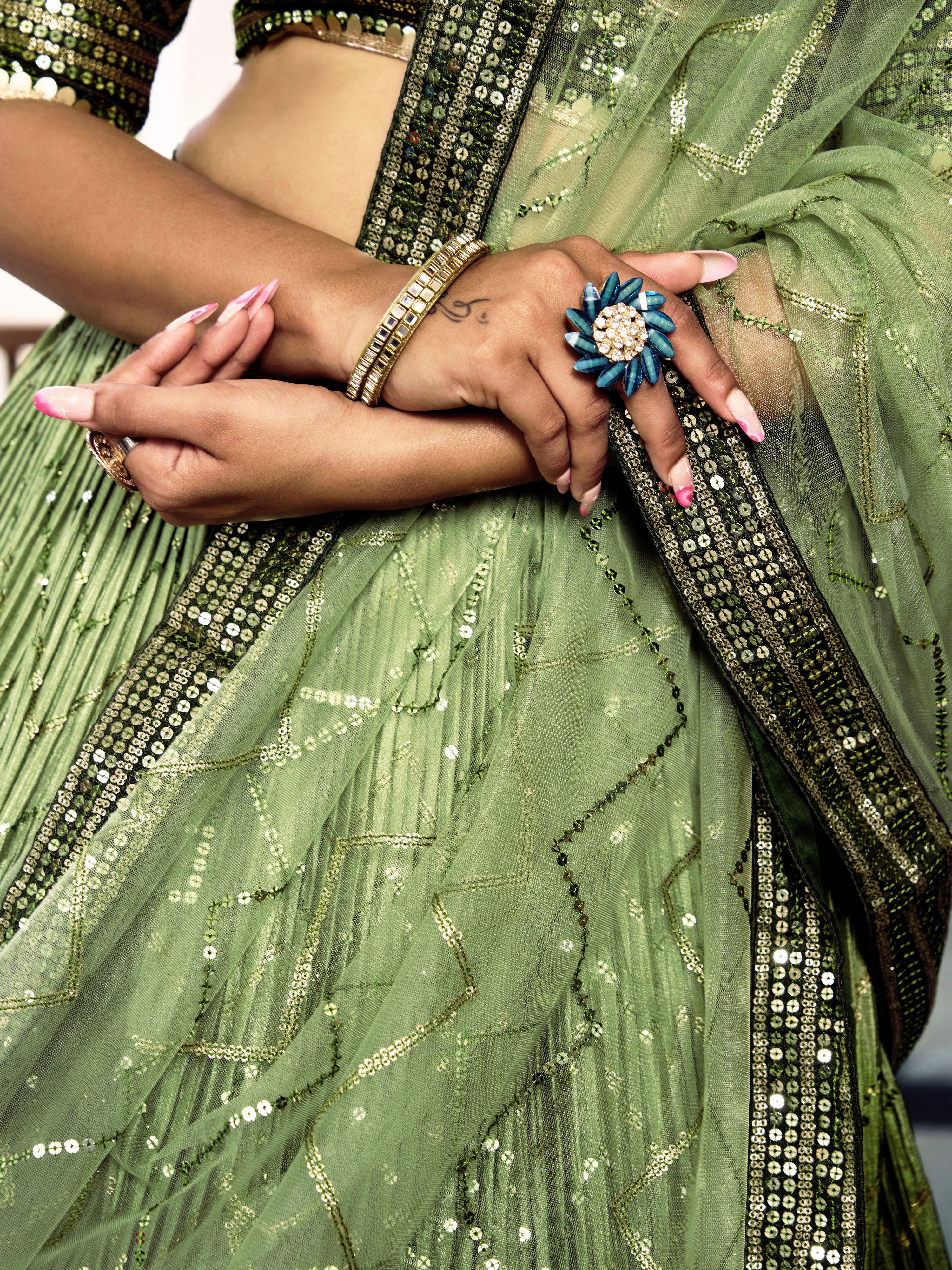 Green Sensational Sequins Chinon Function Lehenga Choli for Ladies