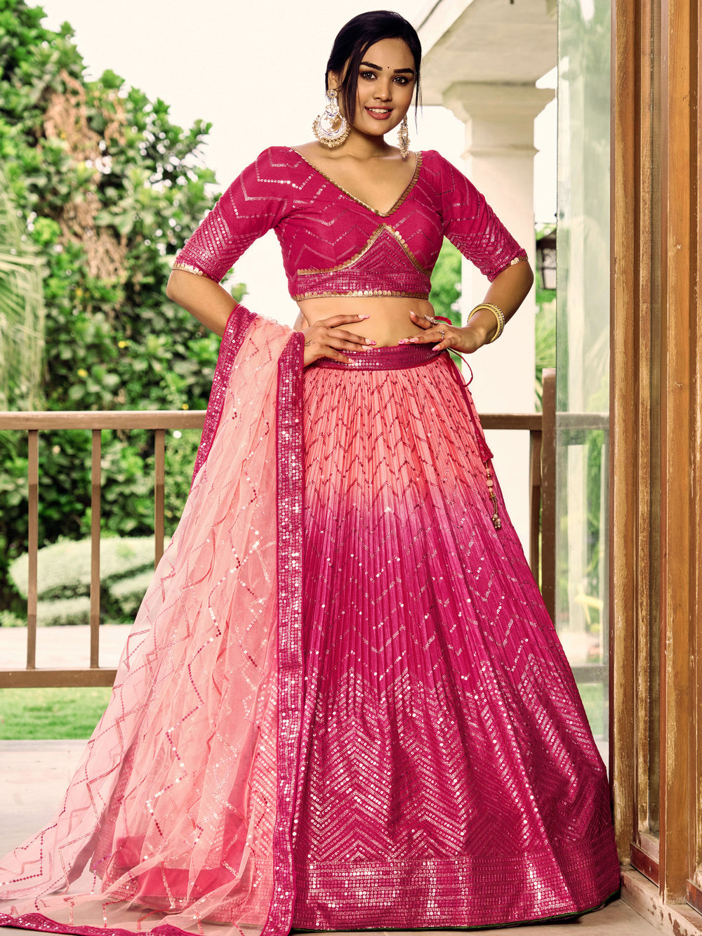 Pink Sensational Sequins Chinon Function Lehenga Choli for Ladies