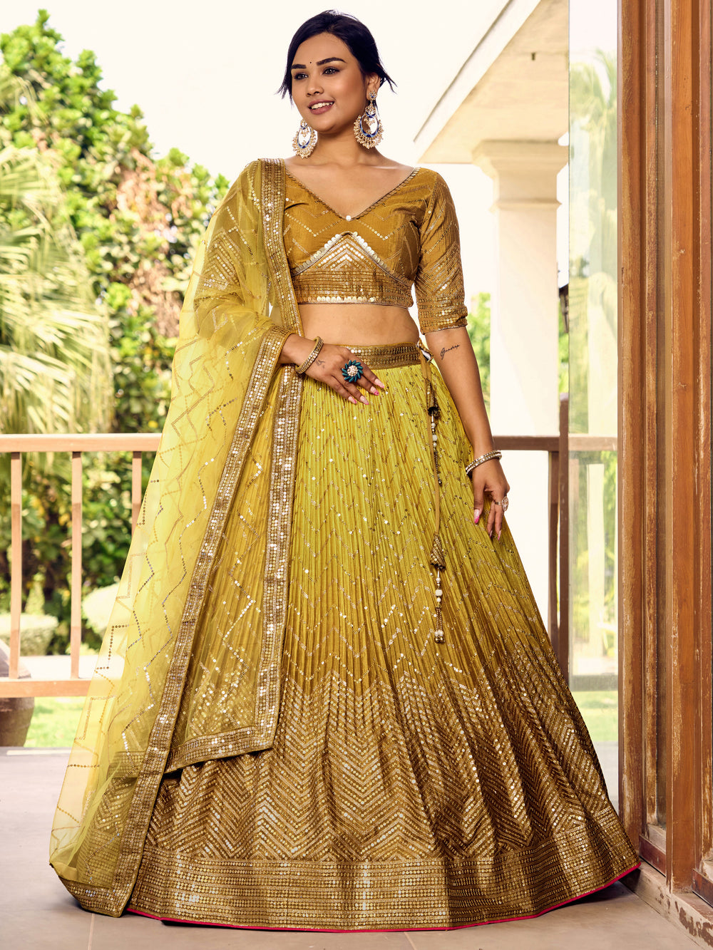 Yellow Sensational Sequins Chinon Function Lehenga Choli for Ladies