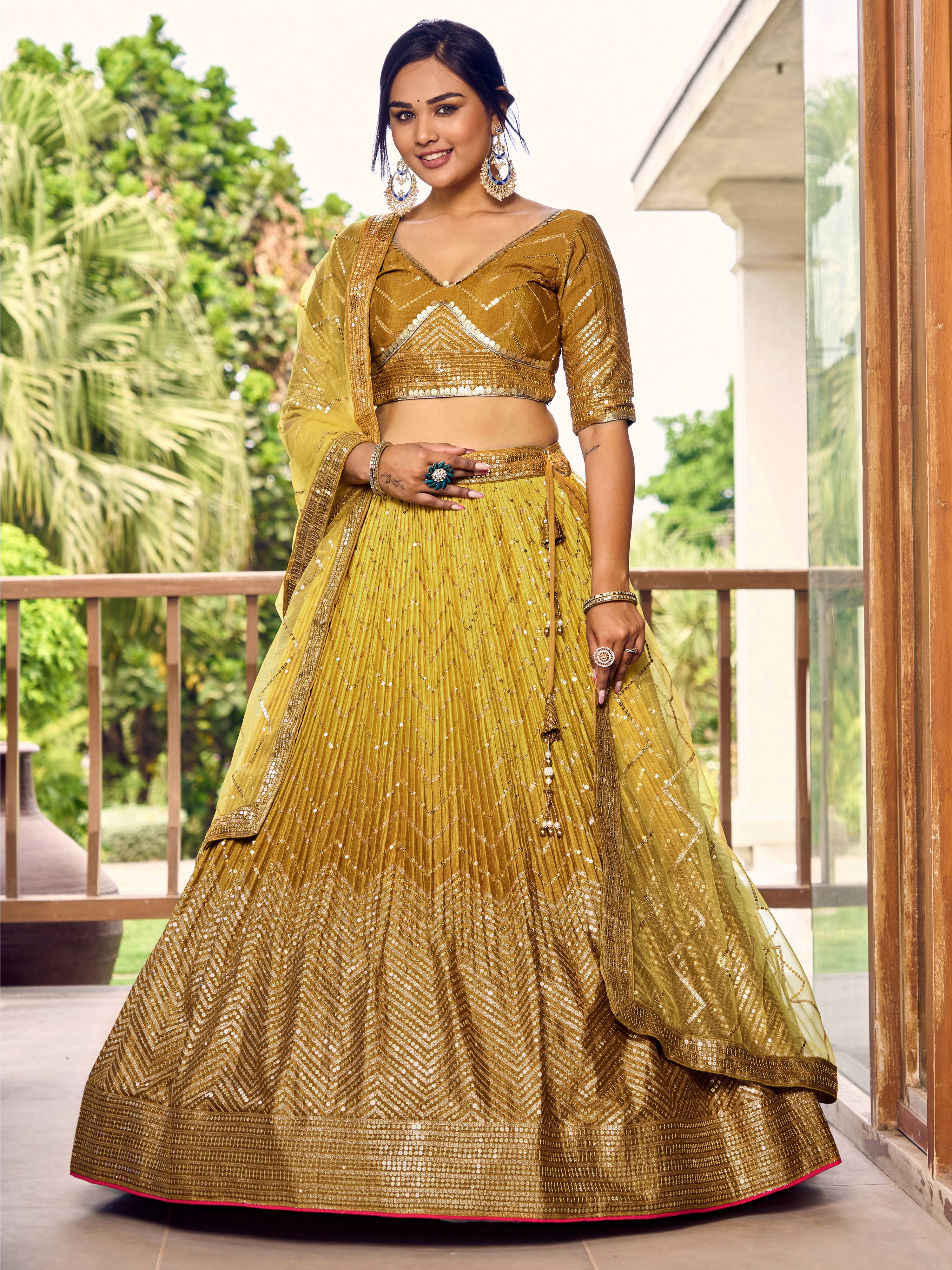 Yellow Sensational Sequins Chinon Function Lehenga Choli for Ladies