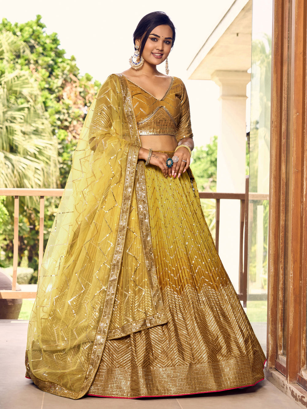 Yellow Sensational Sequins Chinon Function Lehenga Choli for Ladies