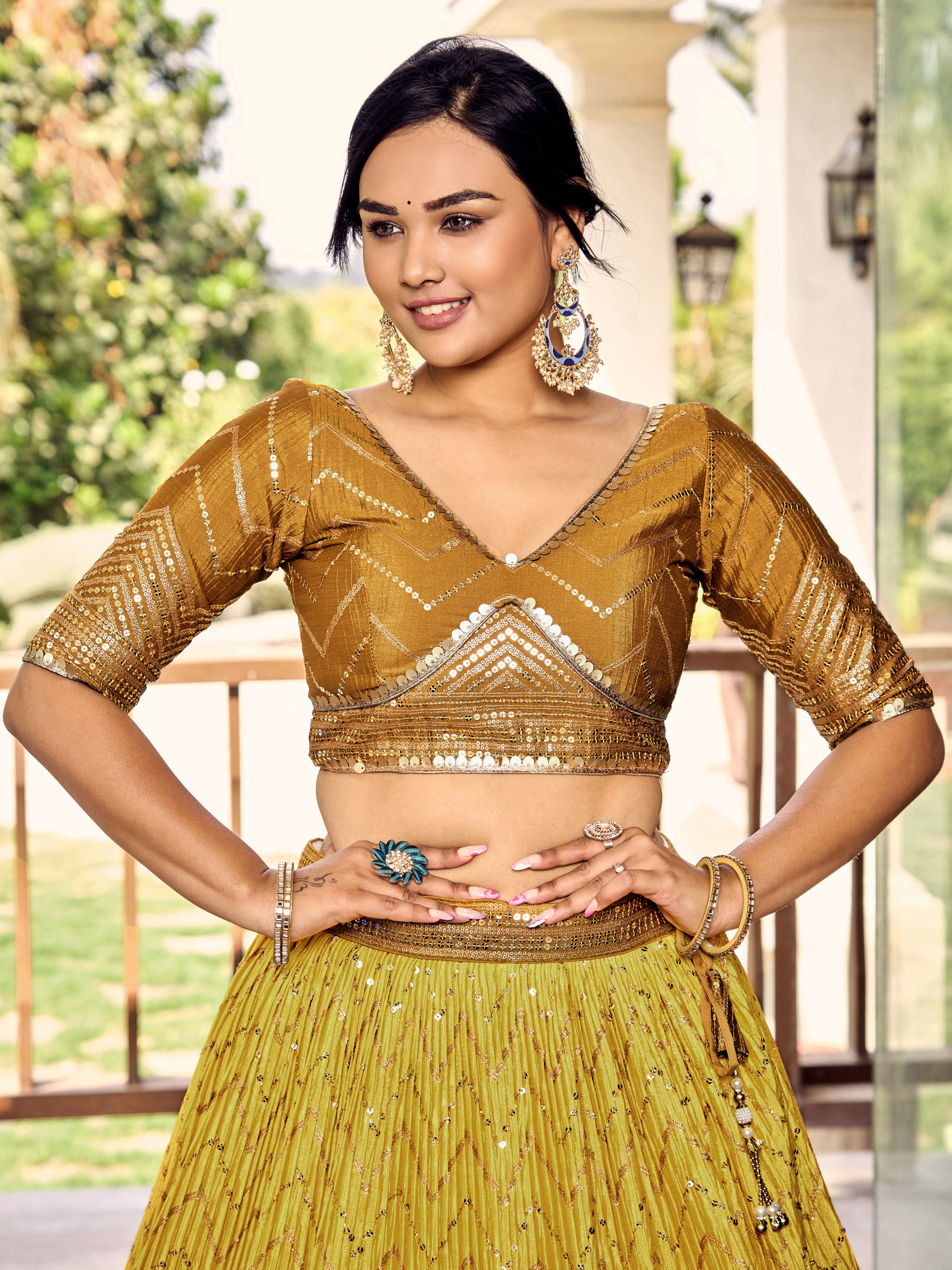 Yellow Sensational Sequins Chinon Function Lehenga Choli for Ladies
