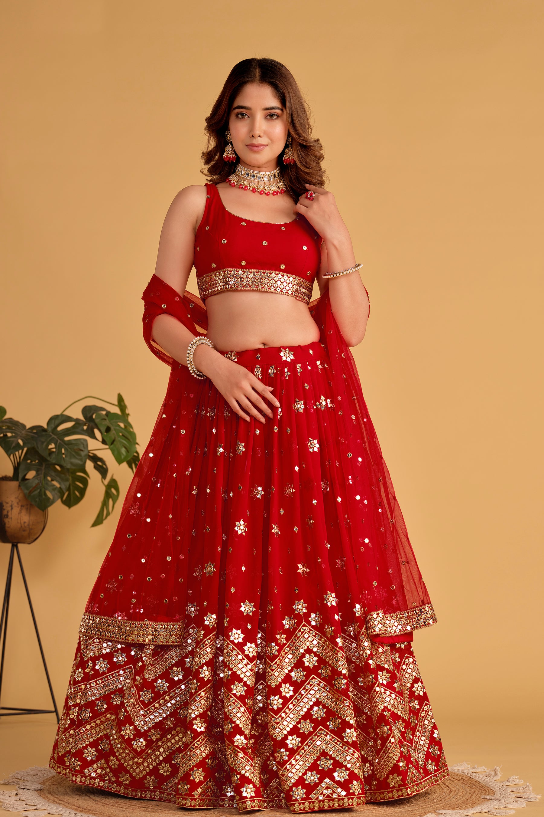 Red Sequins Georgette Event Wear Lehenga Choli with Attached Dupatta