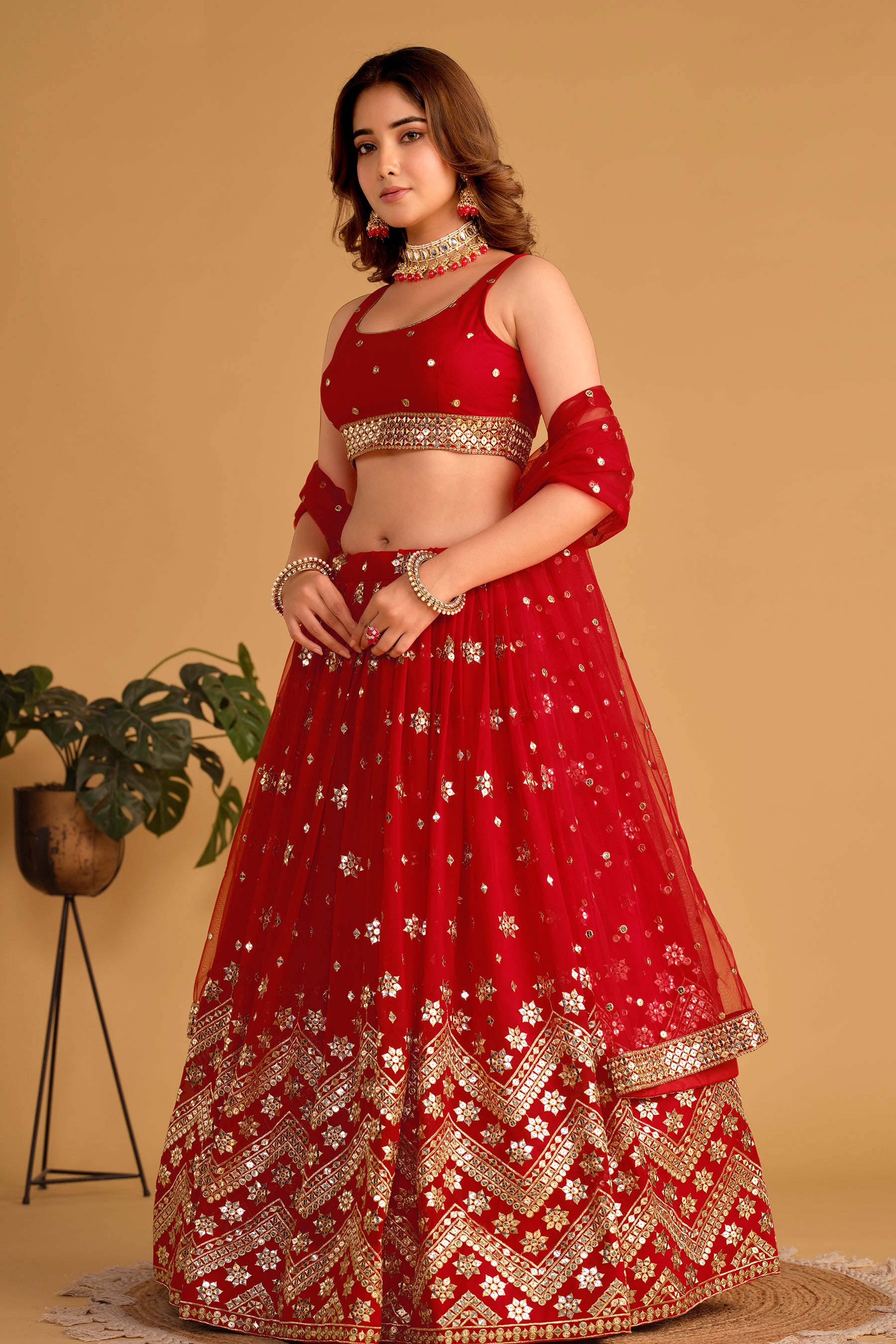 Red Sequins Georgette Event Wear Lehenga Choli with Attached Dupatta