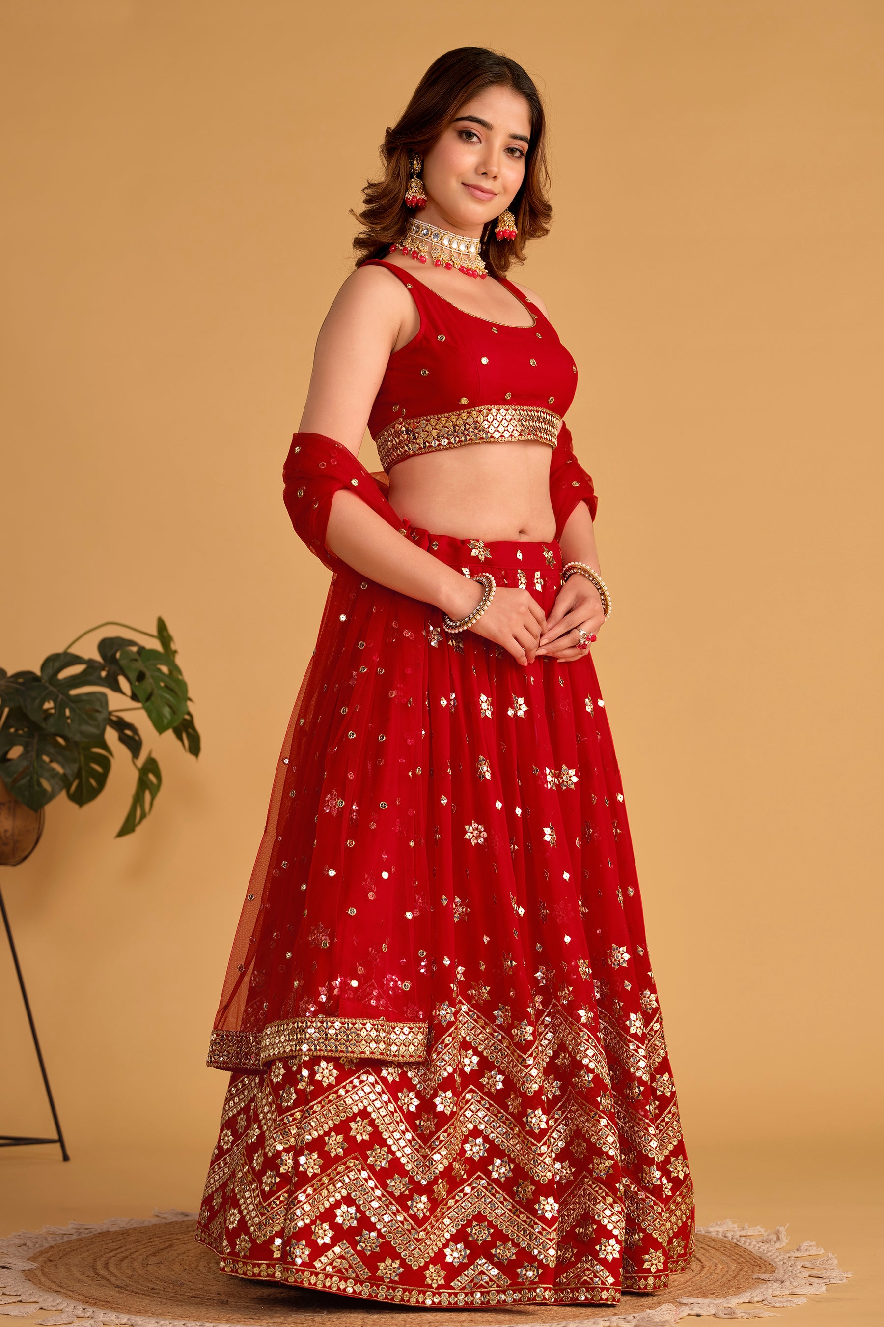 Red Sequins Georgette Wedding Lehenga Choli with Dupatta for Ladies