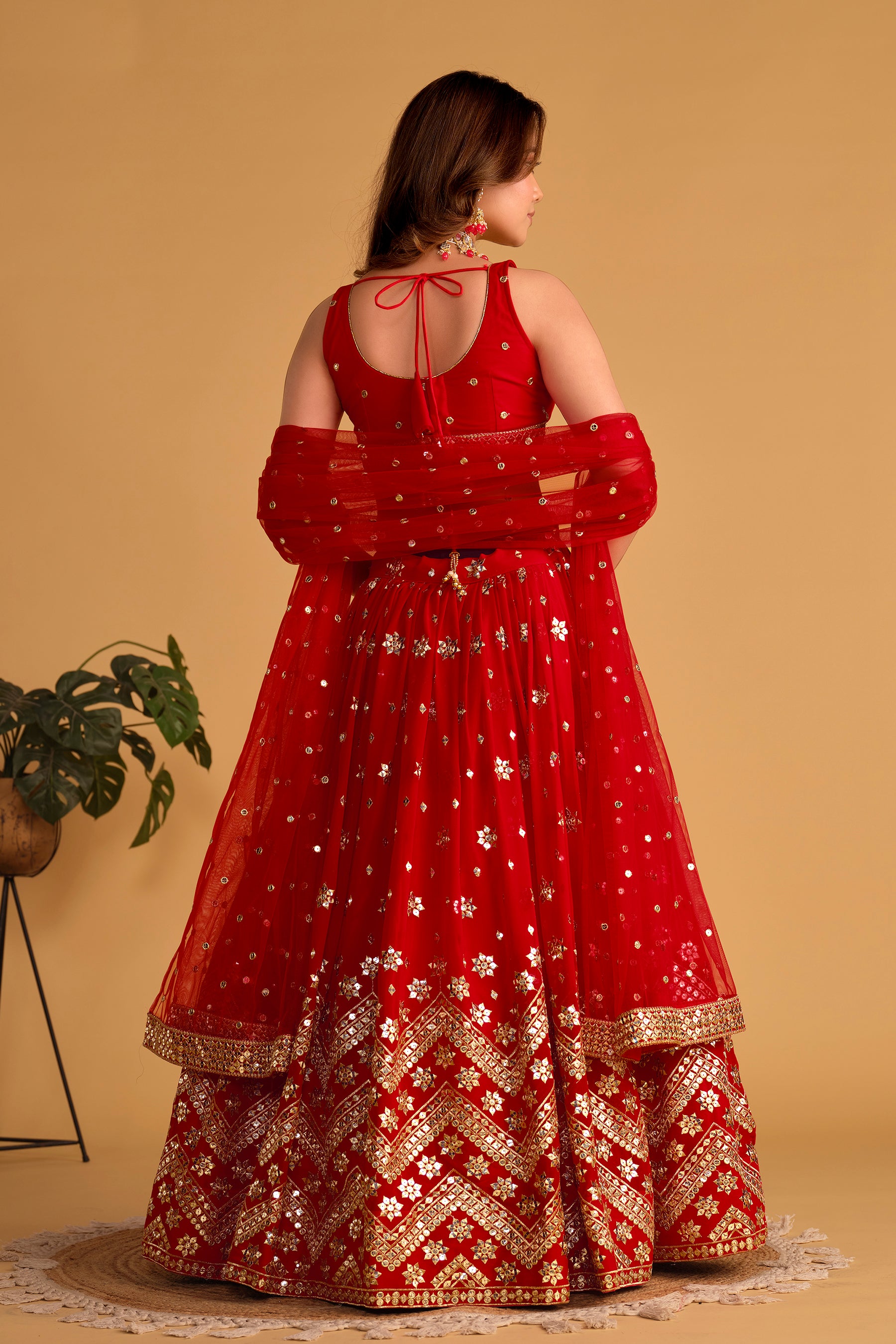 Red Sequins Georgette Event Wear Lehenga Choli with Attached Dupatta