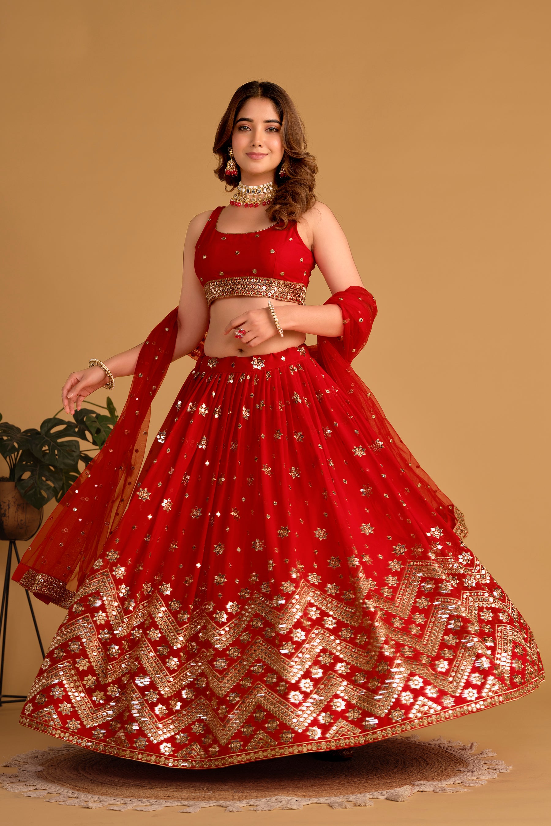 Red Sequins Georgette Event Wear Lehenga Choli with Attached Dupatta