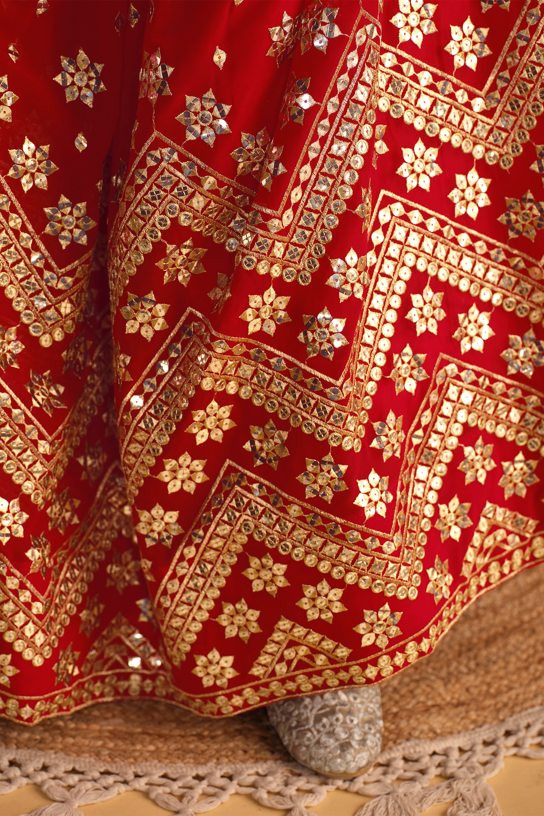 Red Sequins Georgette Event Wear Lehenga Choli with Attached Dupatta