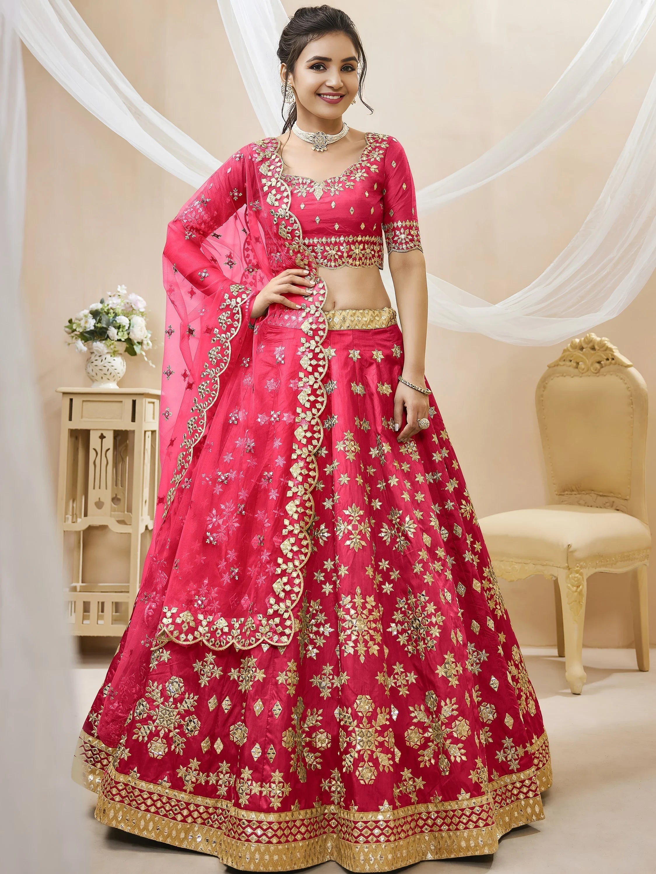 Pink Zari Work Art Silk Reception Lehenga Choli Festive Collection