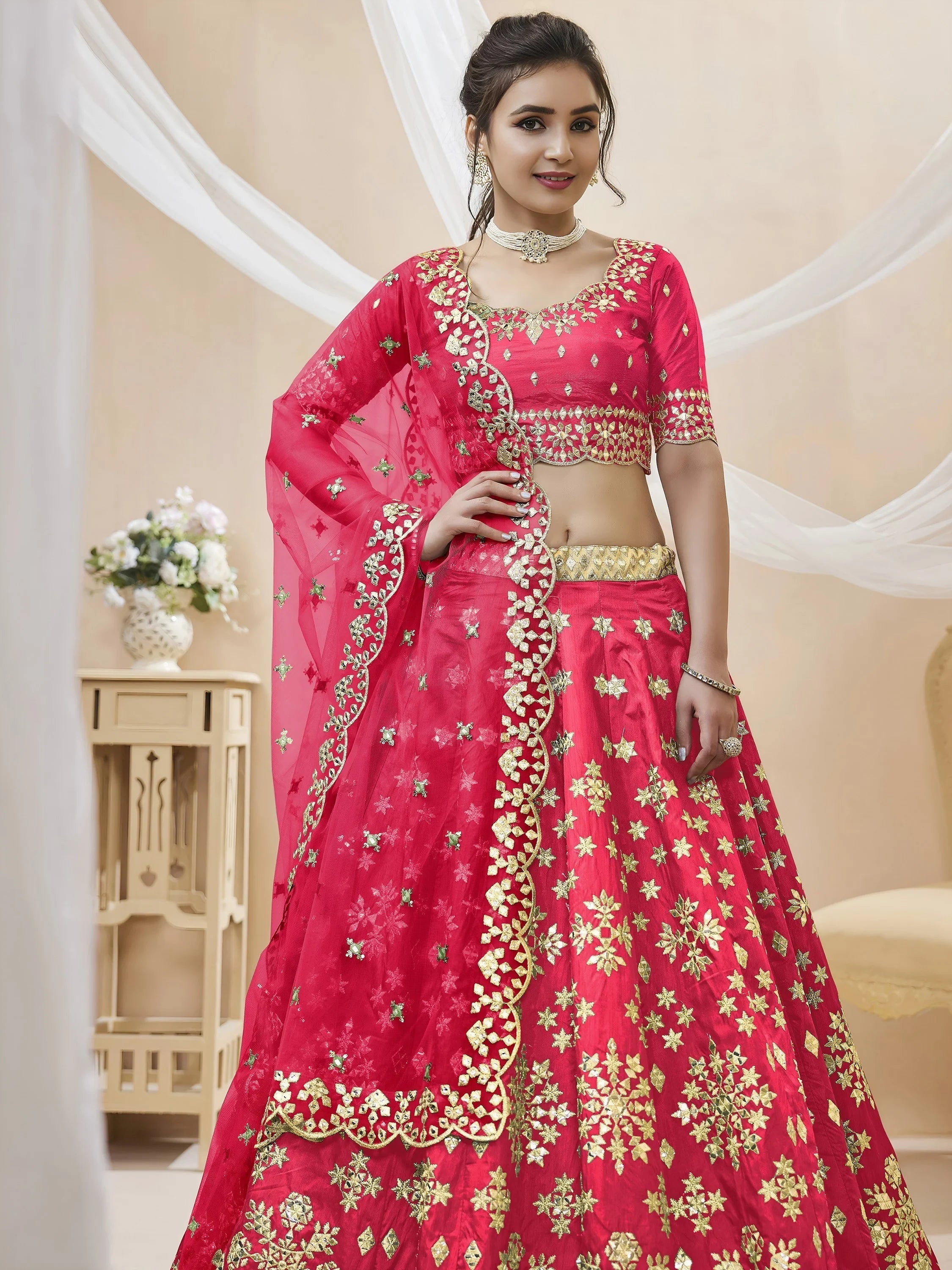 Pink Zari Work Art Silk Reception Lehenga Choli Festive Collection