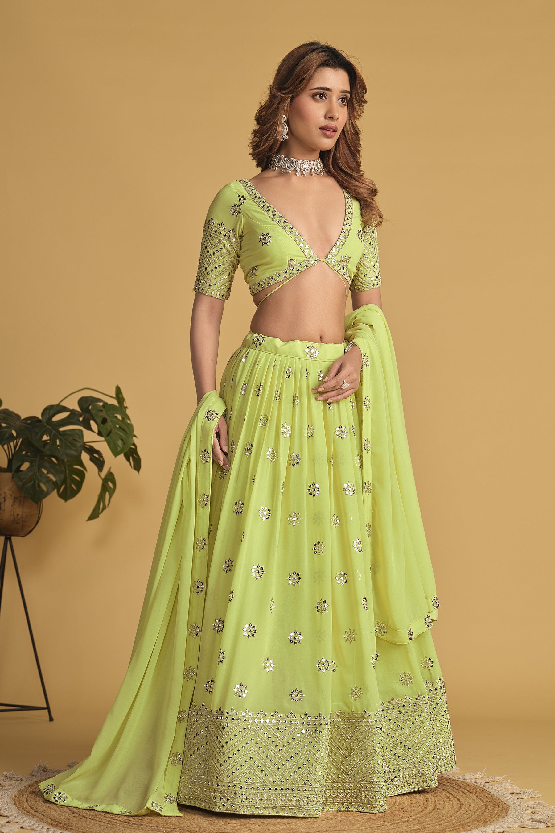 Lime Green Sequins Georgette Wedding Lehenga Choli for Women