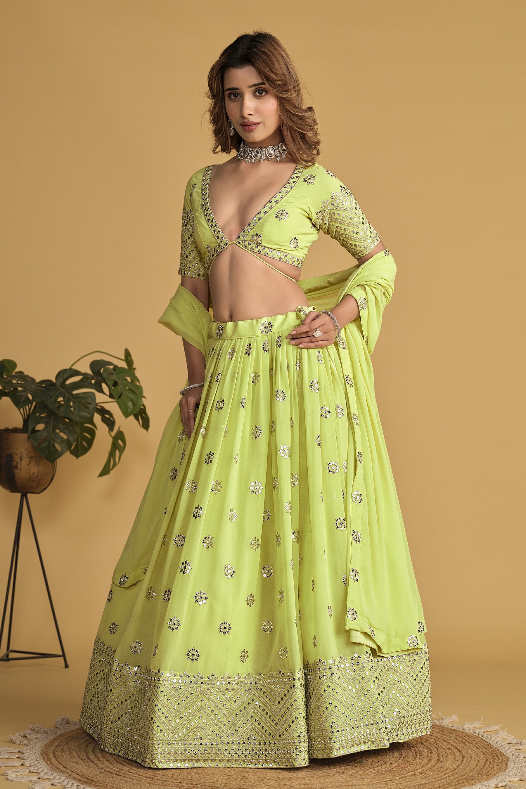 Lime Green Sequins Georgette Reception Lehenga Choli for Women