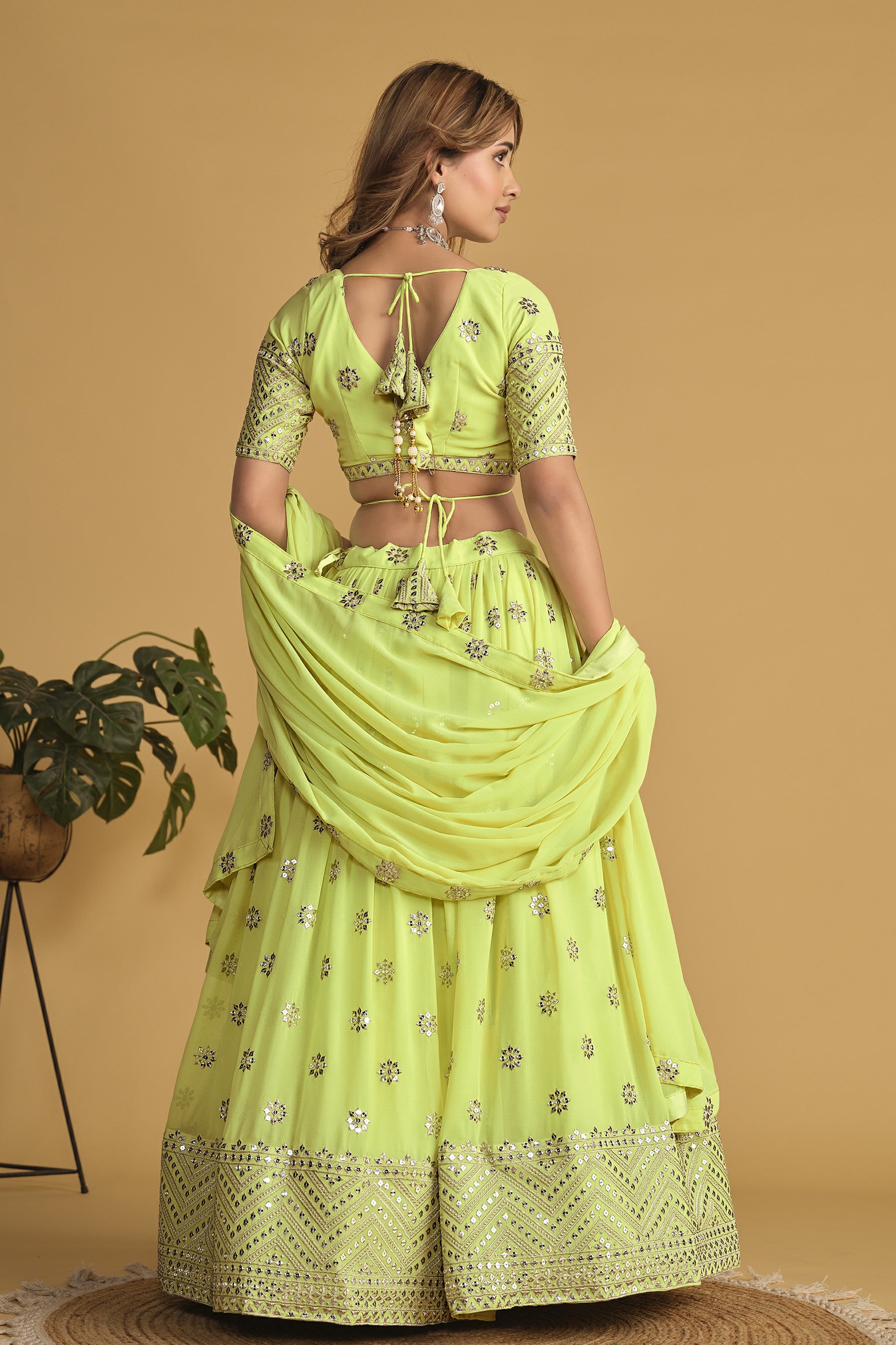 Lime Green Sequins Georgette Wedding Lehenga Choli for Women