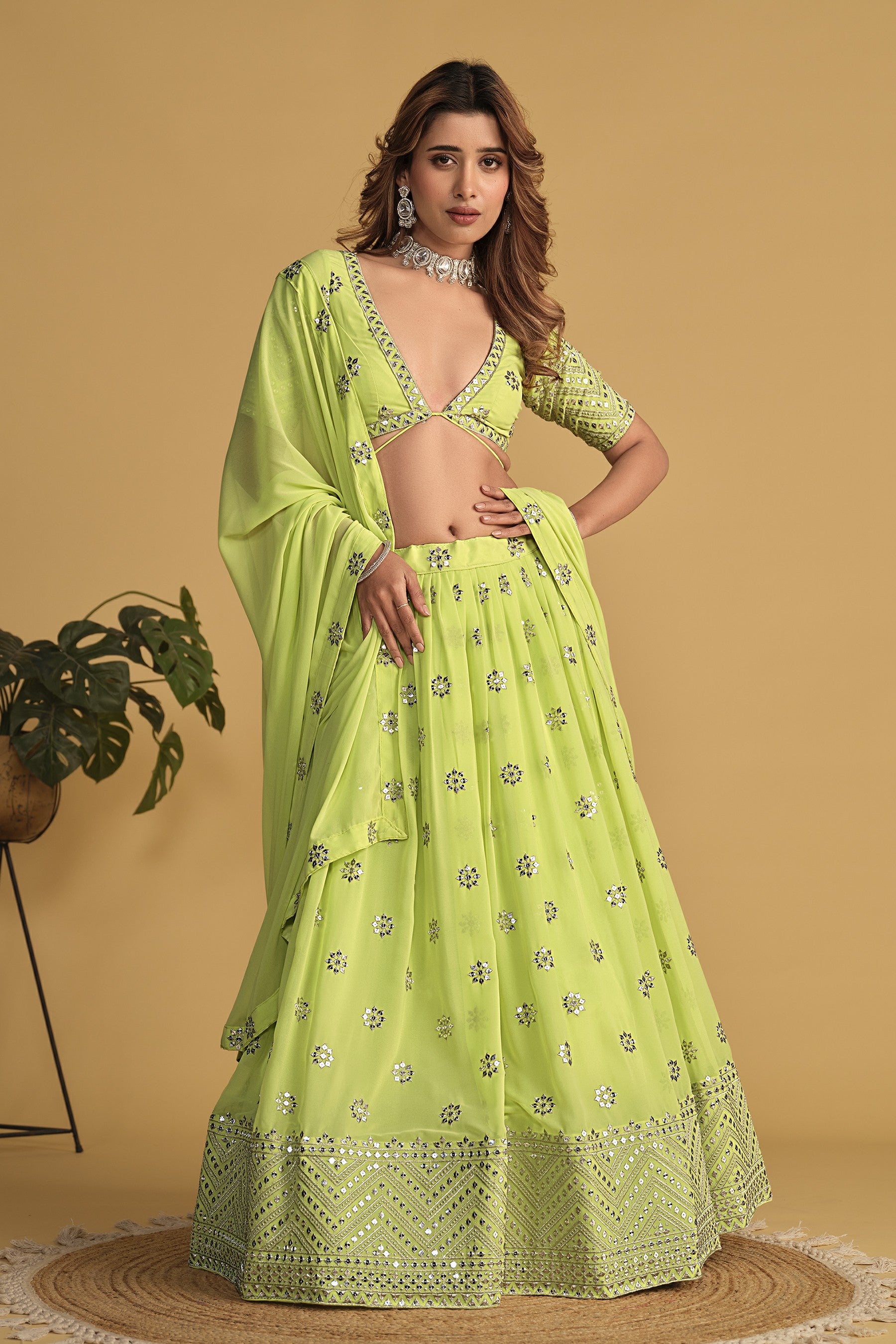 Lime Green Sequins Georgette Wedding Lehenga Choli for Women