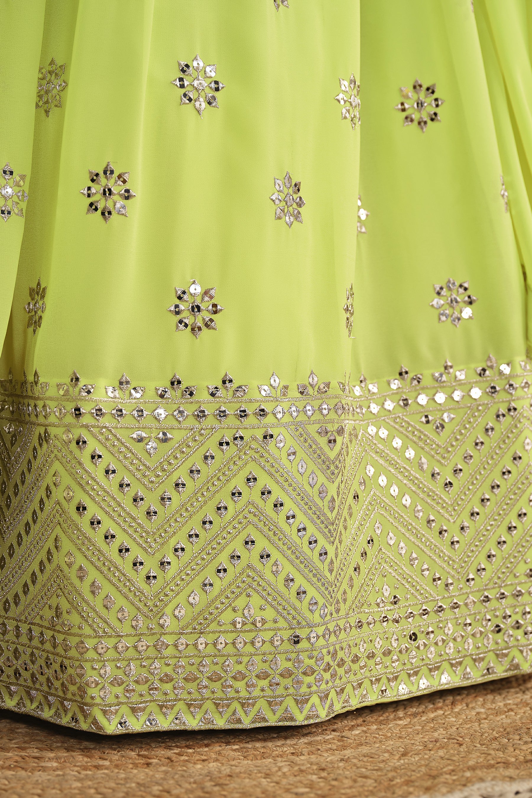 Lime Green Sequins Georgette Wedding Lehenga Choli for Women